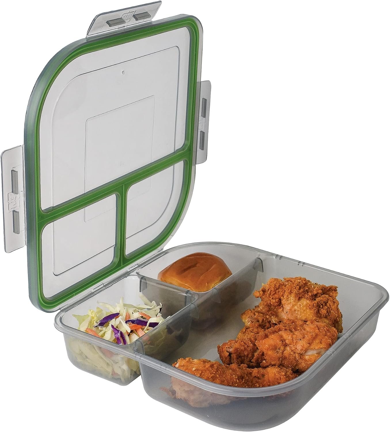 MyGo Container Large To-Go 3-Compartment Food Container, 9.4″ X 9.4″ X 2.5″, Reusable, Microwave Safe, NSF Certified, Smoke/Green
