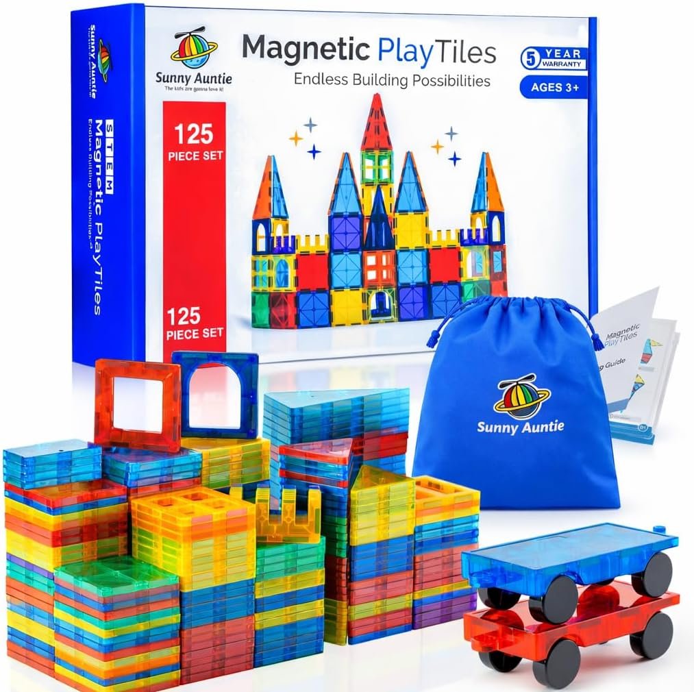 SUNNY AUNTIE Magnetic Tiles STEM Toys Building Set, Ages 3+ – 125 Pieces | Magnetic Tiles Building Toys, STEM Toys, Magnetic Blocks Construction Set, with 2 Cars & Guide Booklet for Kids Ages 3+