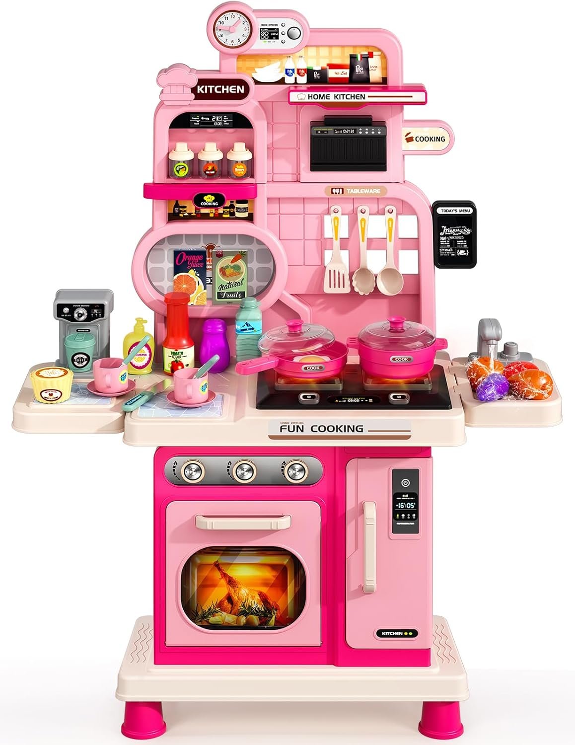 Kids Kitchen Playset, Toddler Play Kitchen Set Toys with Sound & Light, Cooking Stove, Play Sink, Play Food Kitchen Accessories, Pretend Kitchen Toy for Kids Toddlers Girls (Pink)