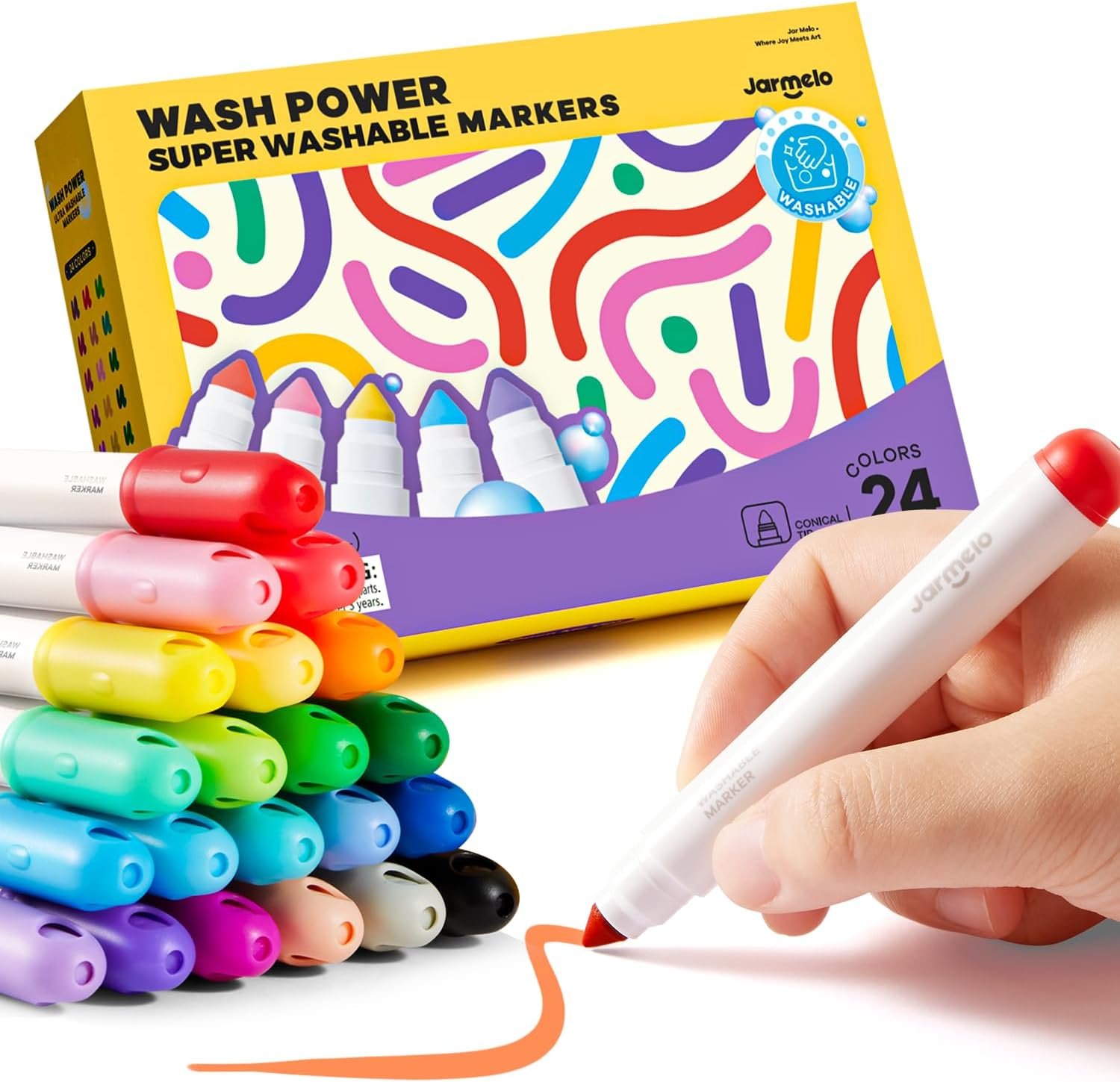 Jar Melo Washable Markers for Kids Toddlers, Coloring Supplies, 24 Colors | Ultra Washable, Non-Toxic, Water Based, Vibrant Color, Thick Barrel, Preschool Gift