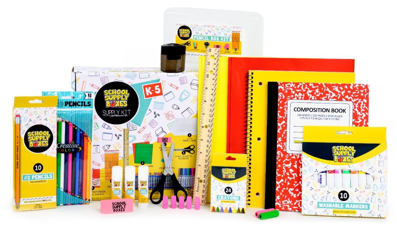 Back to School Supply Box Grades K-5 – School Supply Boxes – 32 Piece School Supplies Kit Includes Markers, Crayons, Pencils, Scissors, Folders, Glue Sticks, Notebook, and Composition Book