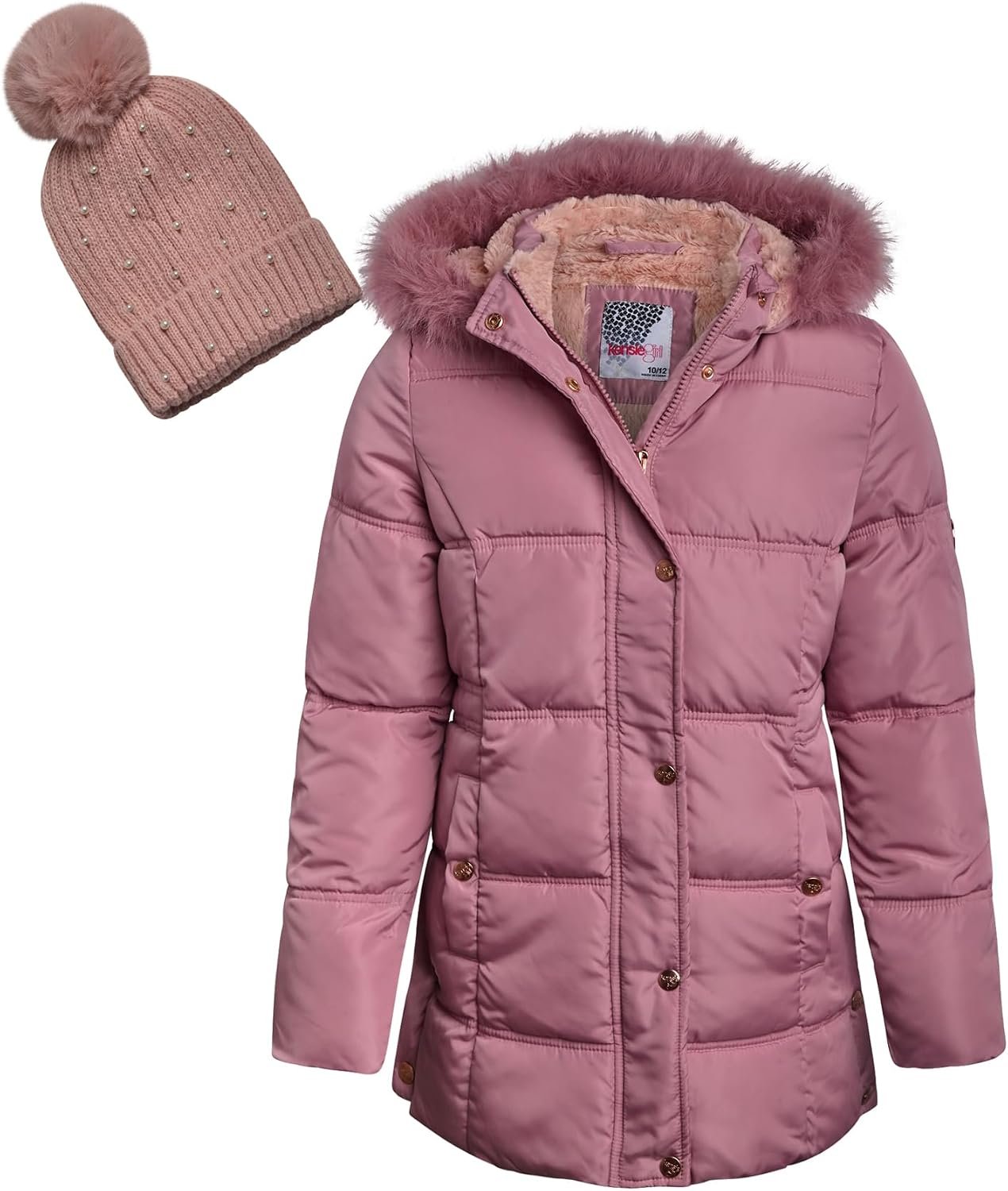 KENSIE GIRL Girls Polar Fleece Puffer Jacket with Fur Hood & Hat | Warm Insulated Winter Outerwear, Cozy Lined Coat, Matching Snow Hat for Cold-Weather Play and Frosty Days