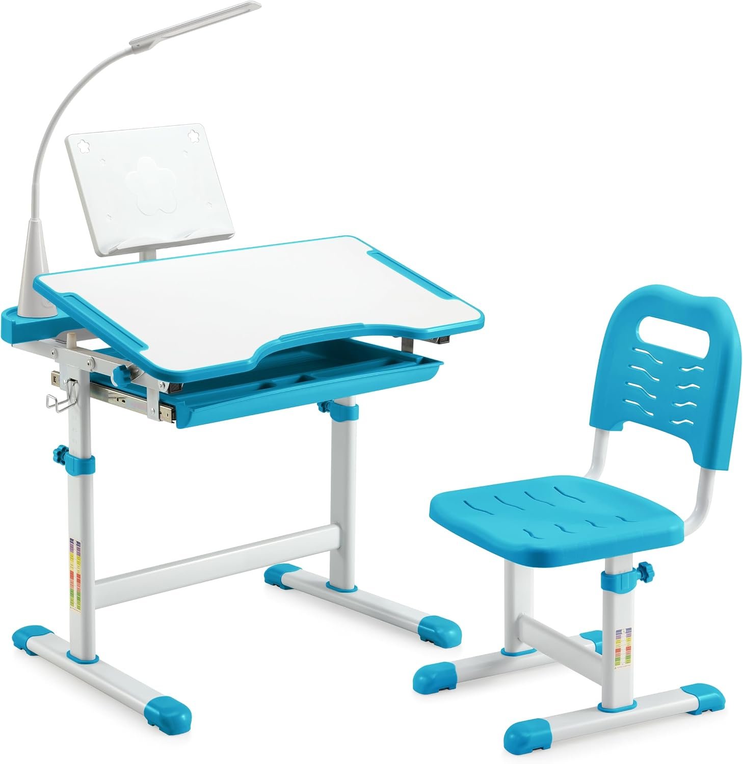 Diroan Kids Desk and Chair Set with LED Light, Height-Adjustable for Age 7+ | Ergonomic, Large 0‑45°desk, Sturdy steel frame, Storage drawer, Bookstand, Metal hook
