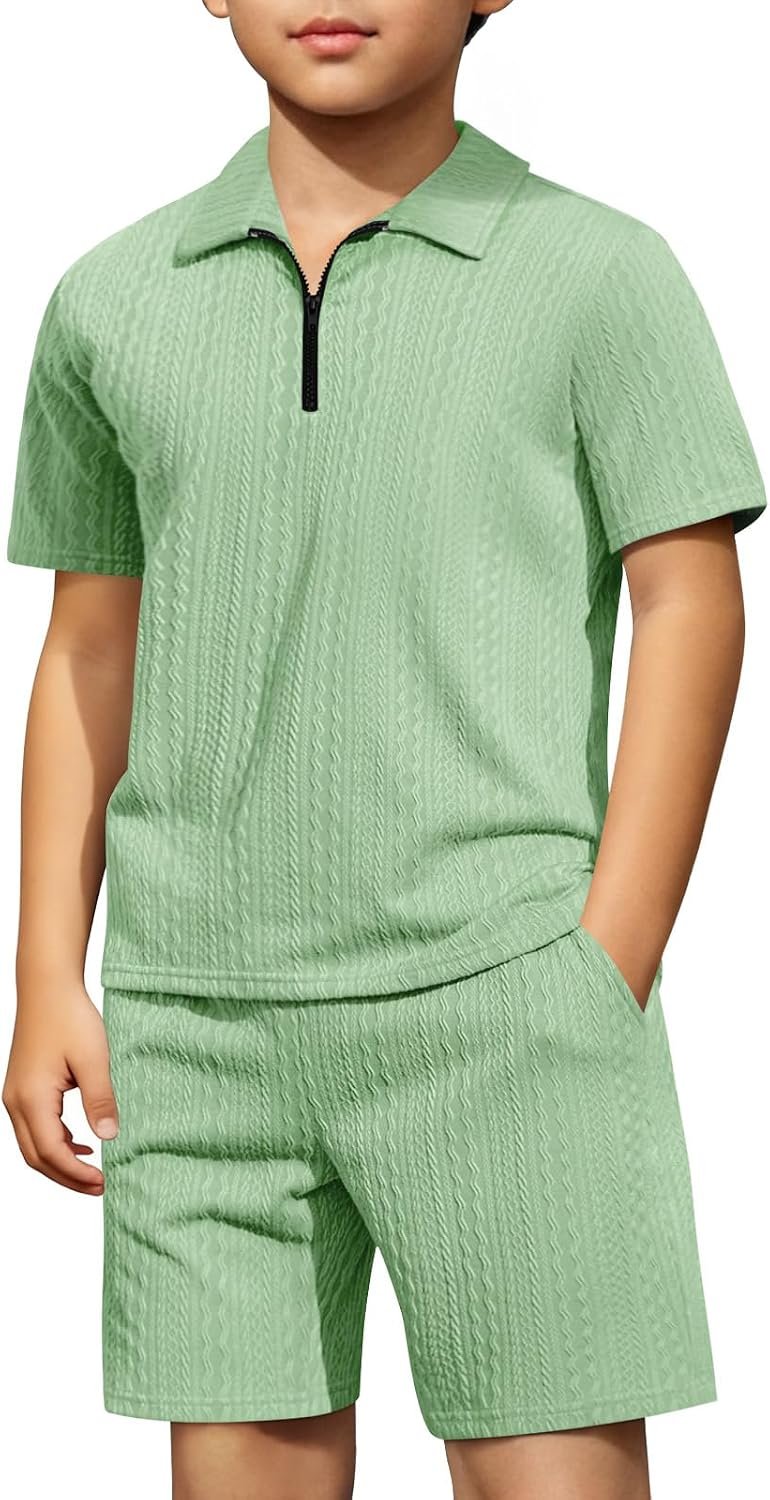 Haloumoning Boys 2 Piece Summer Outfits Kids Quarter Zip Polo Shirt and Shorts Set Athletic Tracksuit 5-14 Years