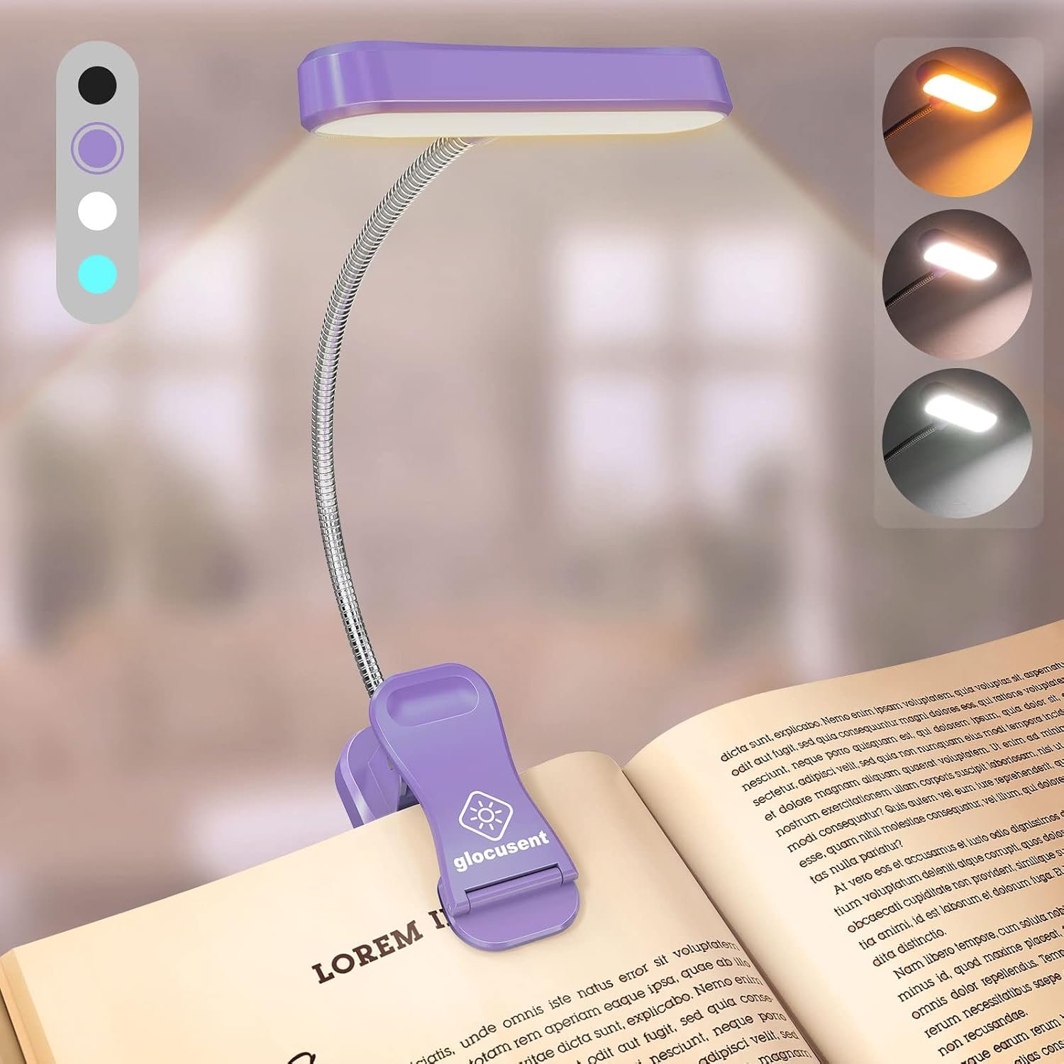 Glocusent Rechargeable Book Light, Clip on Light for Bedtime Reading | Eye Caring, 3-Color, 5 Brightness, Ergonomic, Traveling, Stocking Stuffers Gifts for Book Lover, 1.8Oz Lightweight & Portable