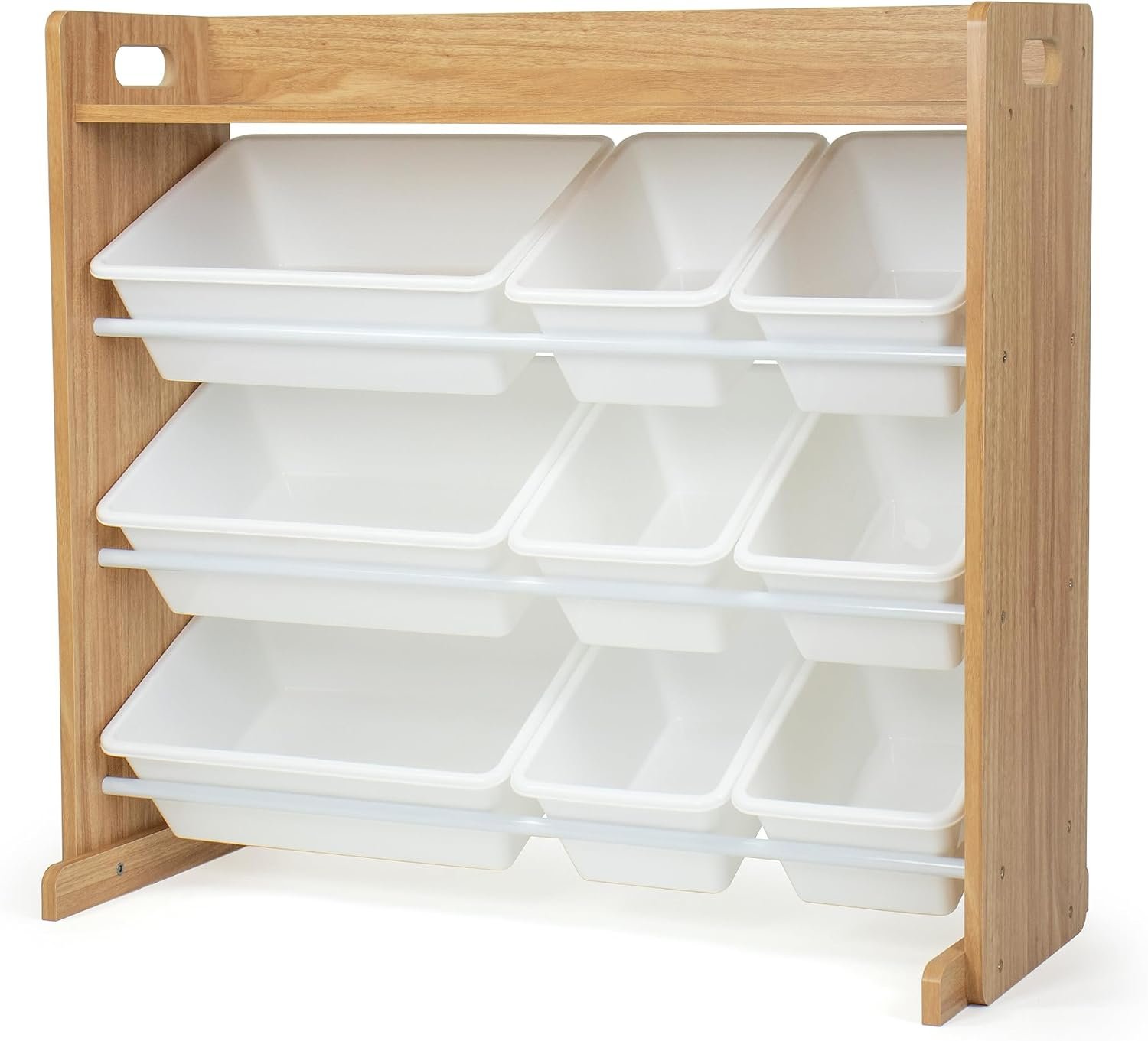 Humble Crew Kids Toy Organizer with Display Shelf, 9 Bins, 3 Tier Storage | Sturdy wood and steel toddler shelf, removable BPA-free containers, wall anchor anti-tip safety kit for bedroom or classroom