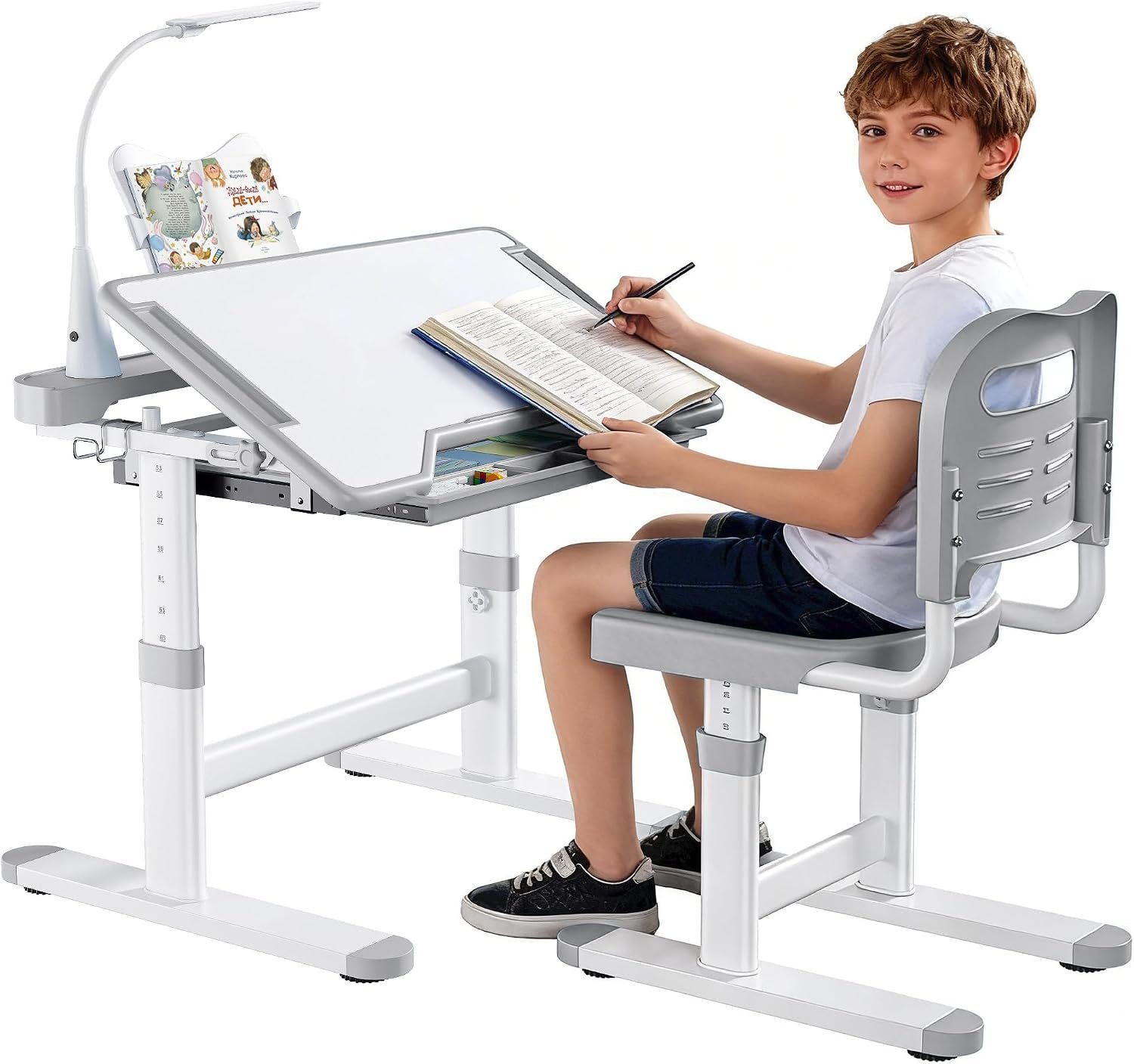 Decofy Kids Desk and Chair Set, Height Adjustable Study Table for 3–12 | Children School Study Desk with LED Lamp, Tilted Desktop 0–55°, 3 Modes Brightness, Drawer & Hook, for Boys Girls