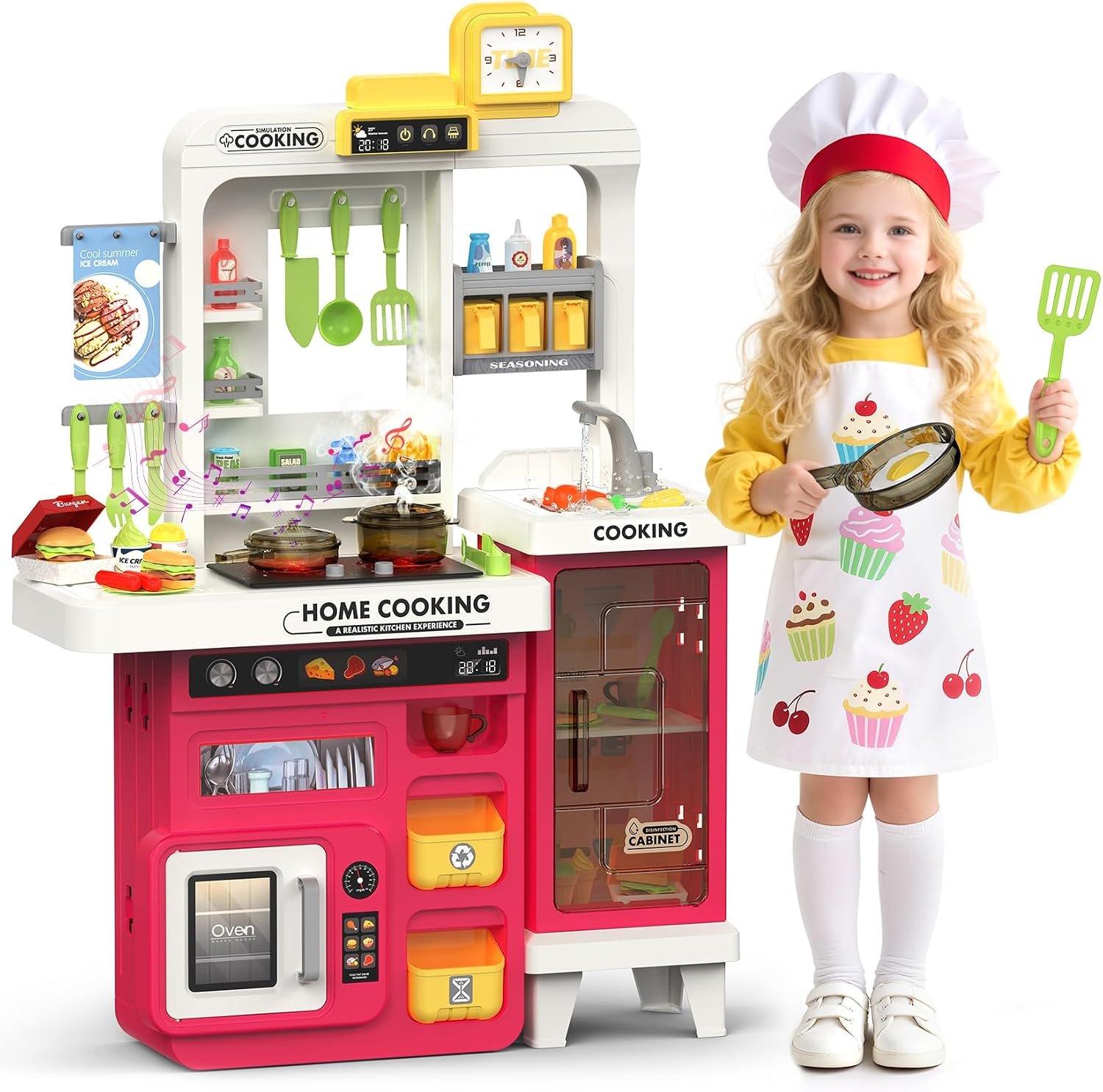 Kids Kitchen Playset, 68 PCS Toddler Kitchen Playset for Toddlers 3-5, 32.2IN Play Kitchen with Spraying, Light & Sound, Cooking Stove, Play Sink, Oven and Toy Kitchen Accessories (Red)