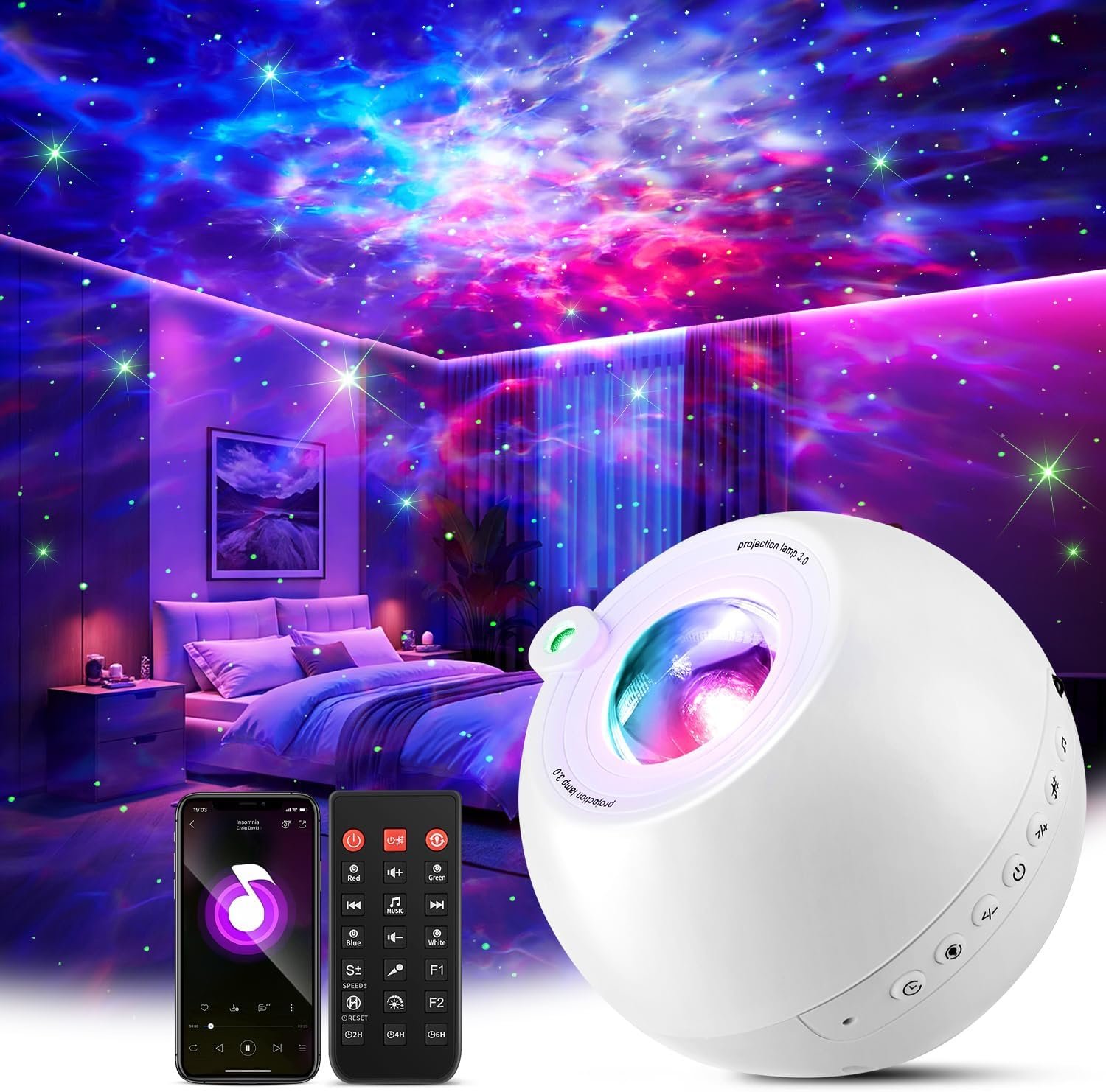 One Fire Galaxy Projector,15 Color,Ocean HD,Gift Girl&Women&Boy,White Noise | 7 Brightness,4 Speed,Green Star,Bluetooth,Romote,Timer,Teen Boys Gift,Birthday,Bedroom Decor,Relax,Party,Led Lights,Lava Lamp