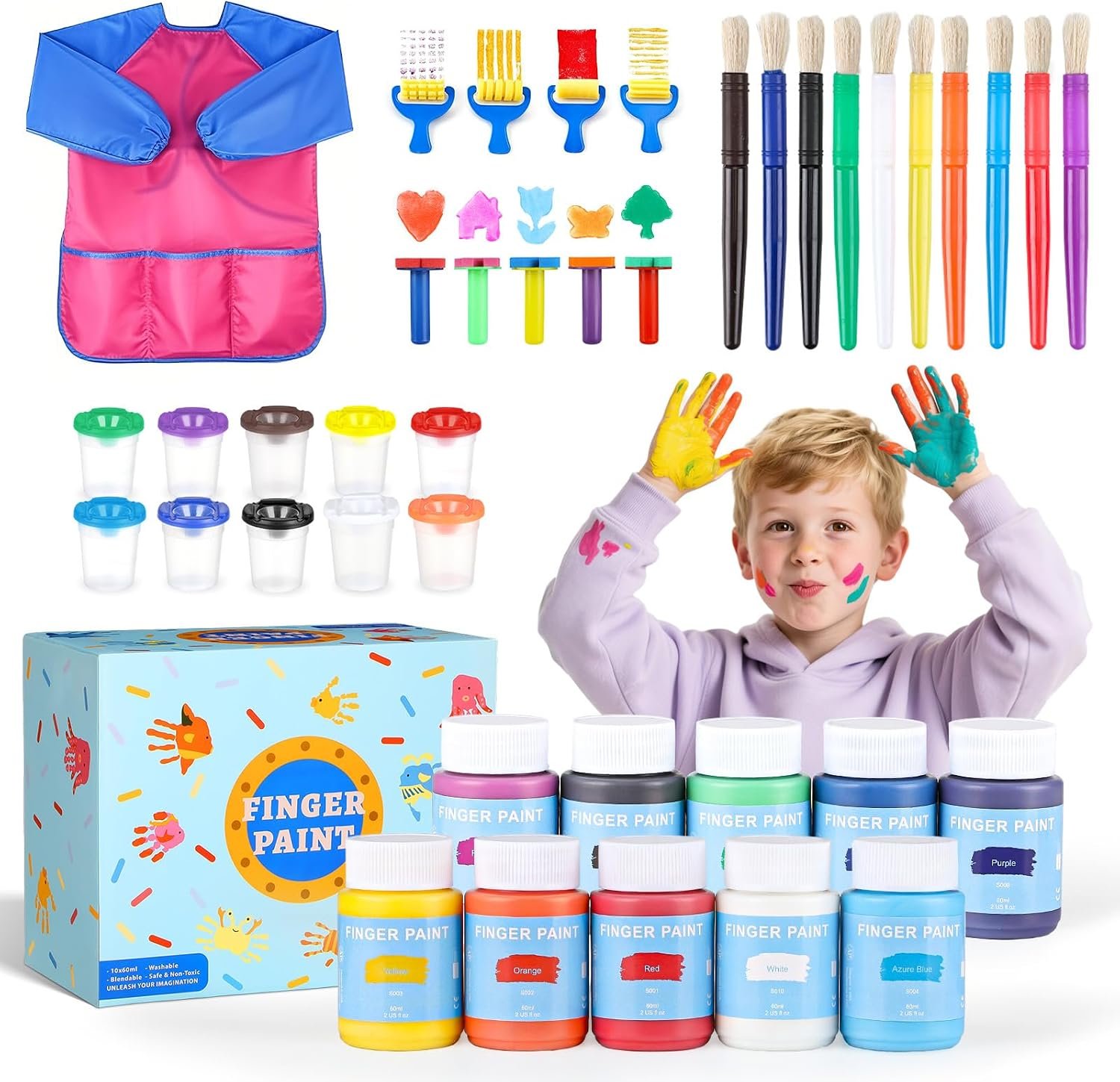 TMOL Washable Paint for Kids, 10 Colors (2 fl oz) 40 Pcs Non-Toxic Finger Paint Kit with Brushes, Sponge, Smock, Toddler Art Supplies for Painting, Craft & School Projects