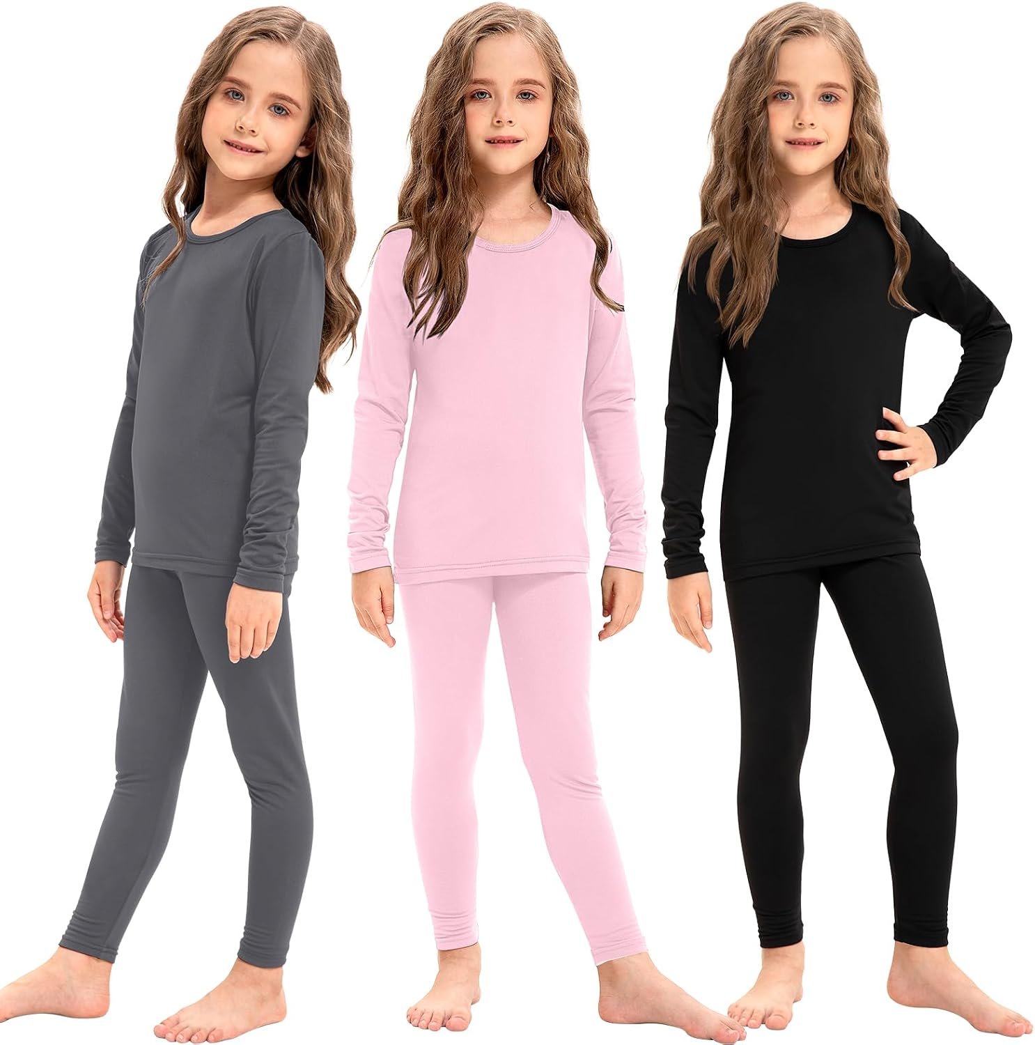 Silkfly 3 Set Girls Thermal Underwear Soft Winter Thermal Top and Bottom with Fleece Lined Base Layer for Girls