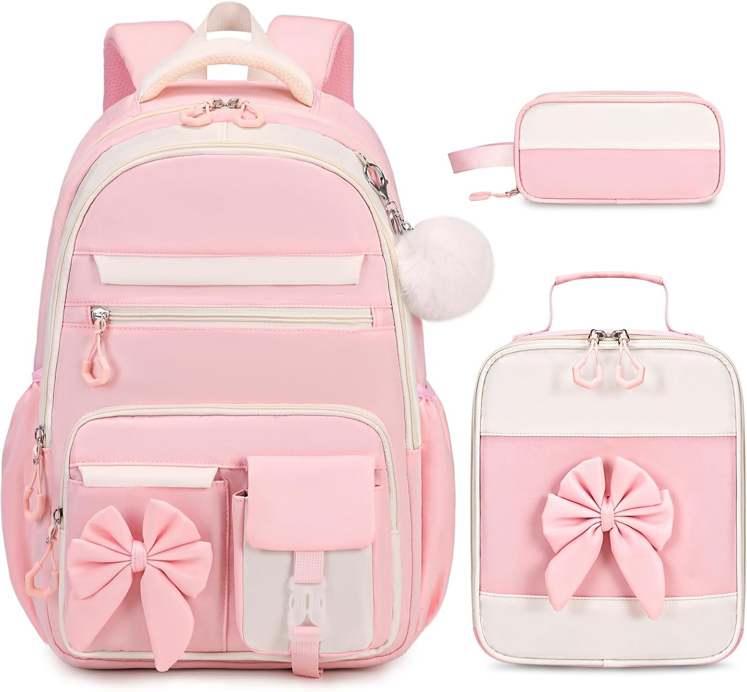DIGOBAY Backpack for Girls, Cute Girls Backpack with Lunch Bag Pencil Case | 3PCS Bow School Bookbag for Kids Teens School Bag Kindergarten Elementary Preschool Middle School (Beige-Pink)