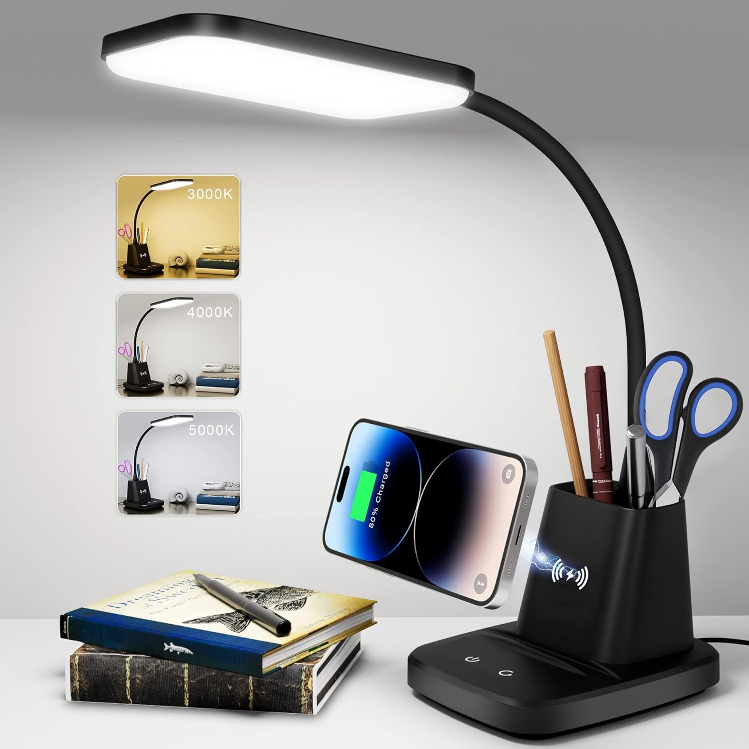 Desk Lamp, LED Desk Lamps for Home Office, Wireless Charger Small Desk Lamp with Pen Holder, 3 Color Modes, Dimmable, CRI 85, 800LM, Study Lamps for College Dorm Room, Adapter Included, Black