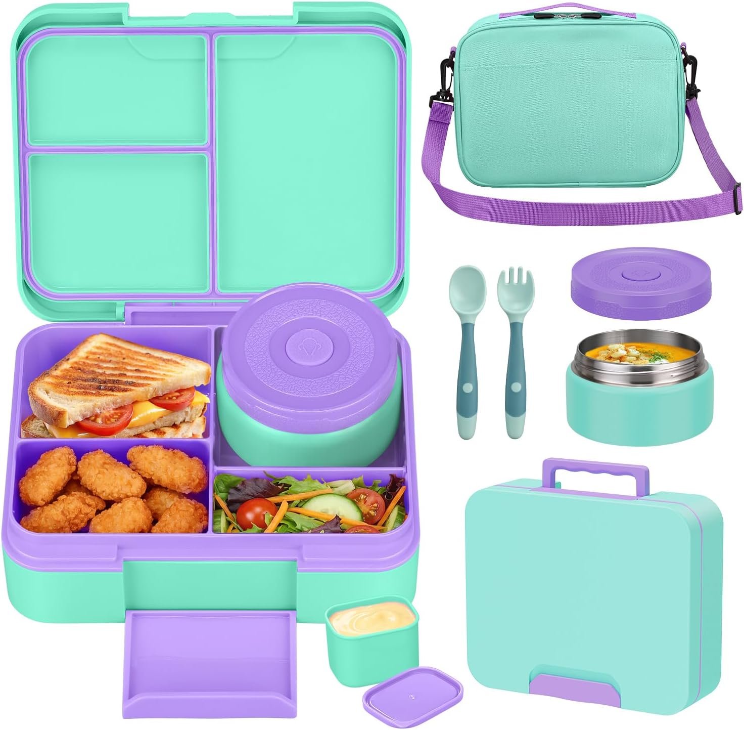 HWONMTE Bento Lunch Box Set for Kids with Soup Thermo Food Container Adults | Bento Lunch Box Set for Kids with 9.5oz Soup Thermo Leak-Proof Food Container with Insulated Lunch Bag Hot Food Jar Girl