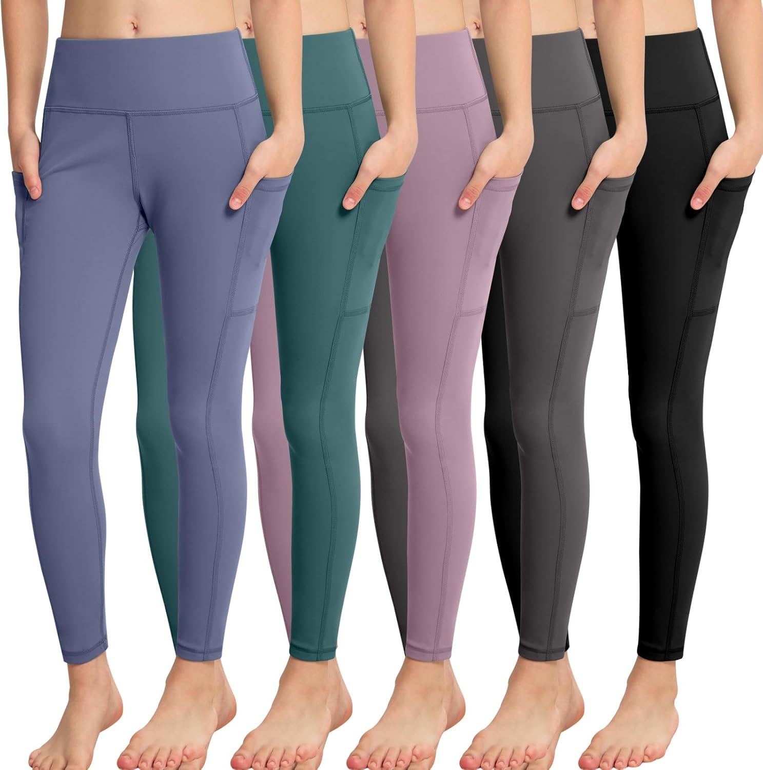 CHRLEISURE Girls’ Athletic Leggings with Pockets, 5 Packs Kids Teen Dance Yoga Workout Running Pants for 5-15 Years