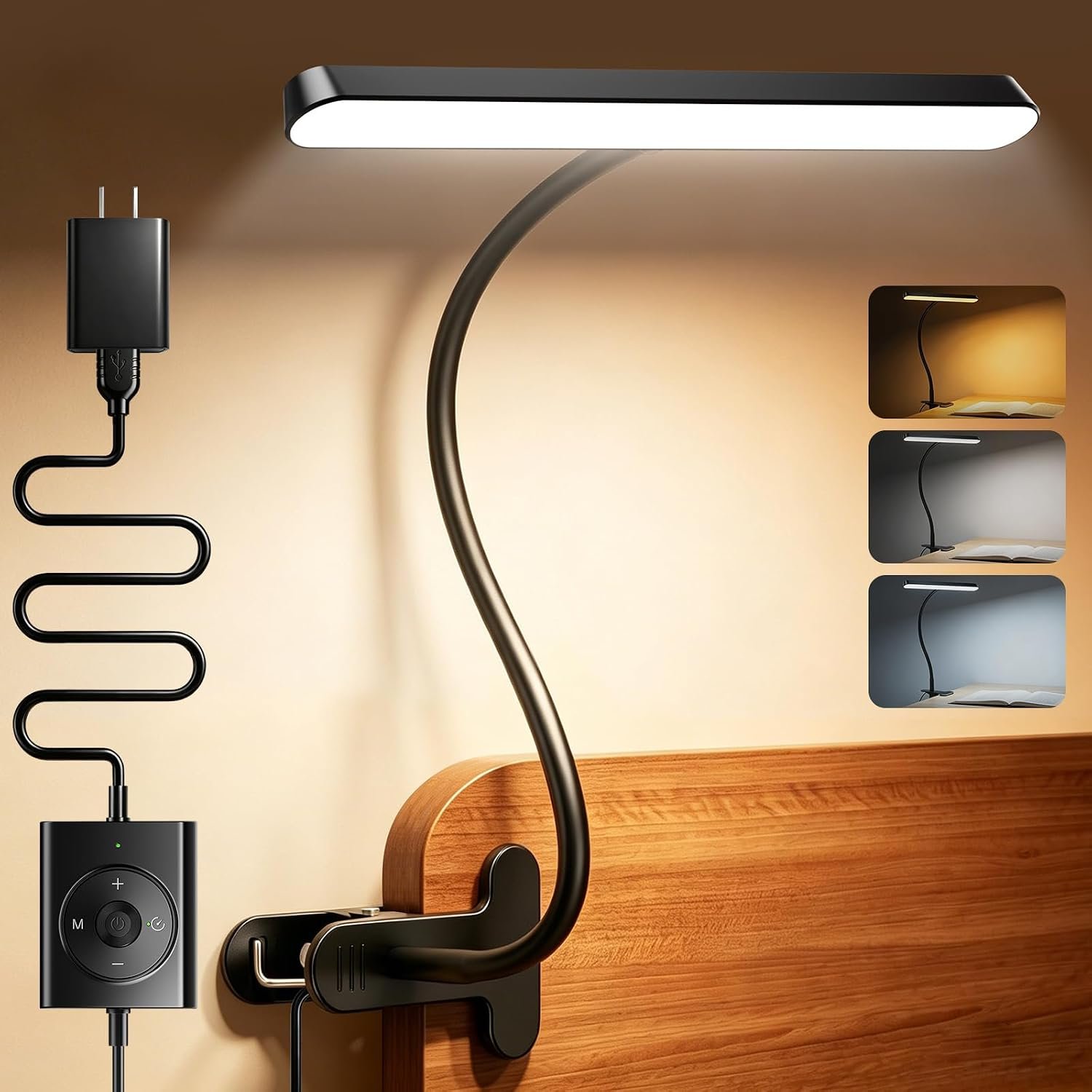 Glocusent 7W Clip on Light, 57 LED Reading Light for Bed, Amber Mode &Timer | 5 Brightness & 3 Colors for Bedside, 2.75″ Clamp & 30Min Timer, USB Powered Clip on Lamp for Bunk/Headboard/Table/Work/Craft