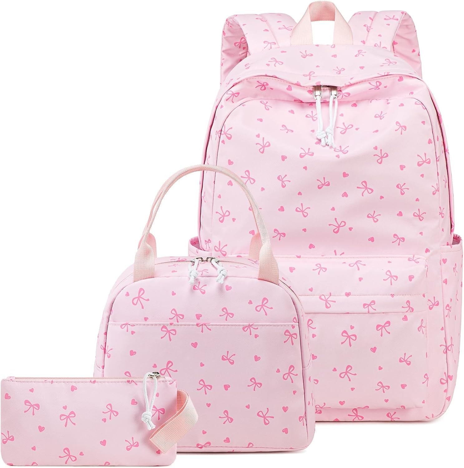 Girls Backpack with Lunch Box Set, Cute Bow School Backpack for Kids, 3-in-1 Lightweight Lunch Bag and Pencil Pouch