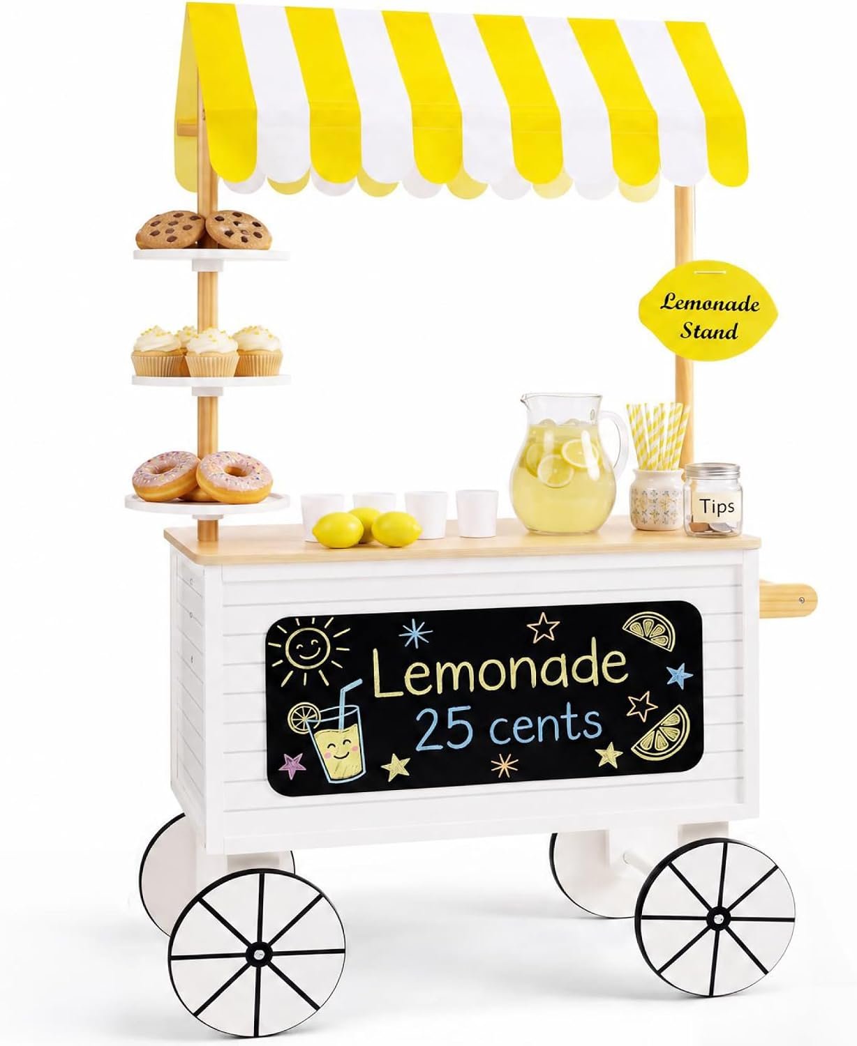 Best Choice Products Play Kitchen Outdoor Lemonade Stand for Kids with Canopy, Pretend Play Food Stand Toy, Chalkboard, Rolling Wheels, 8Pcs, Backyard Kitchen Playset for Toddlers Boys Girls