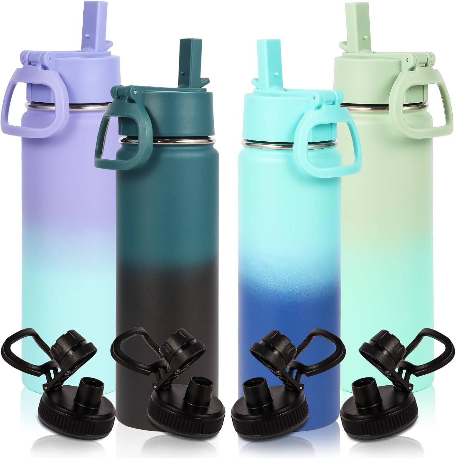 Volhoply 20oz Insulated Stainless Steel Water Bottle With Straw Lid Bulk 4 Pack,Kids Double Wall Vacuum Cups With Handle,Reusable Outdoor Sports Metal Bottles,Travel Flask Keep Cold(Assorted,4)