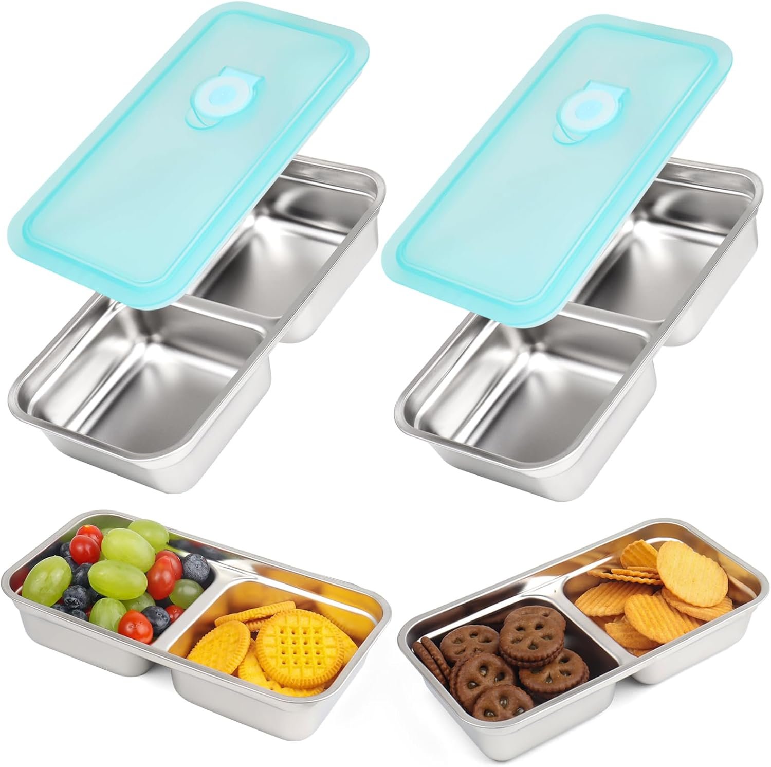 Stainless Steel Snack Containers, 2 Pack Grab and Go Snack Containers Reusable, Double Compartment Food Storage Containers with Lids, Lunch Box Containers for Travel, Outdoor Camping and Daily Use