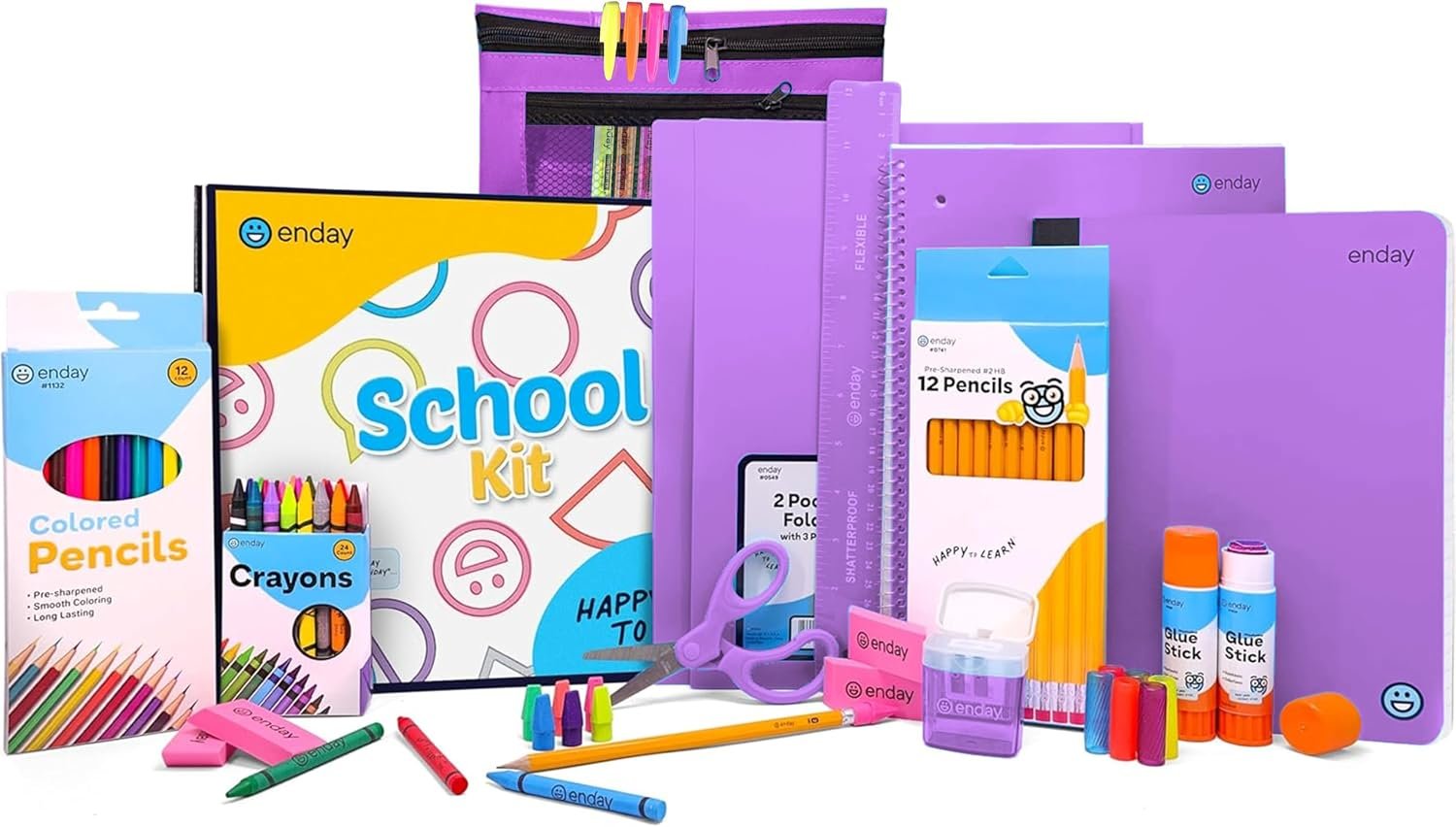 Back to School Supplies for Kids, Purple School Supply Box Grades K-5, Premium Quality Kids School Supplies Kit, Kindergarten School Supplies for Girls and Boys, 71 Piece Set – by Enday
