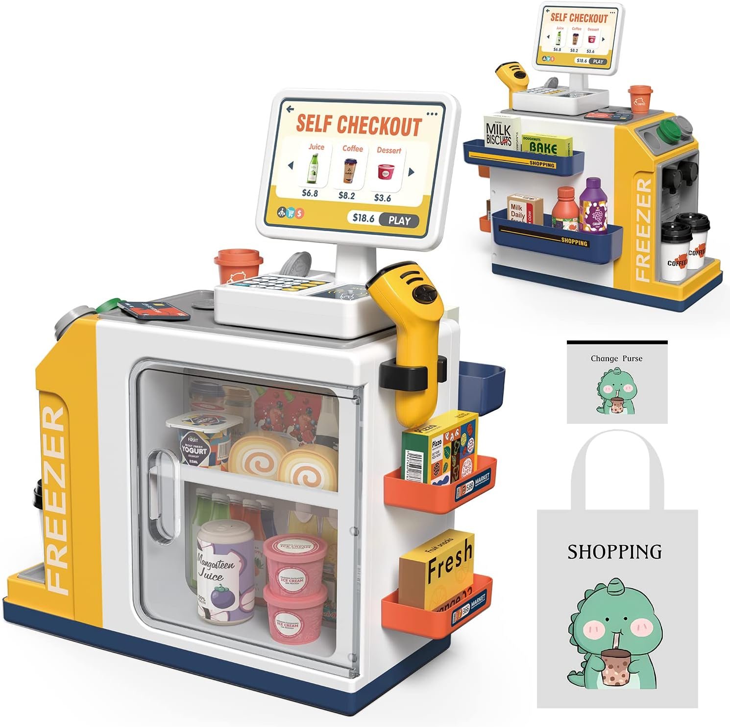 Cash Register Playset for Kids – 48PCS Pretend Play Money, Calculator, Scanner, Credit Card and Play Food for Boys and Girls Ages 3+ (668-125)