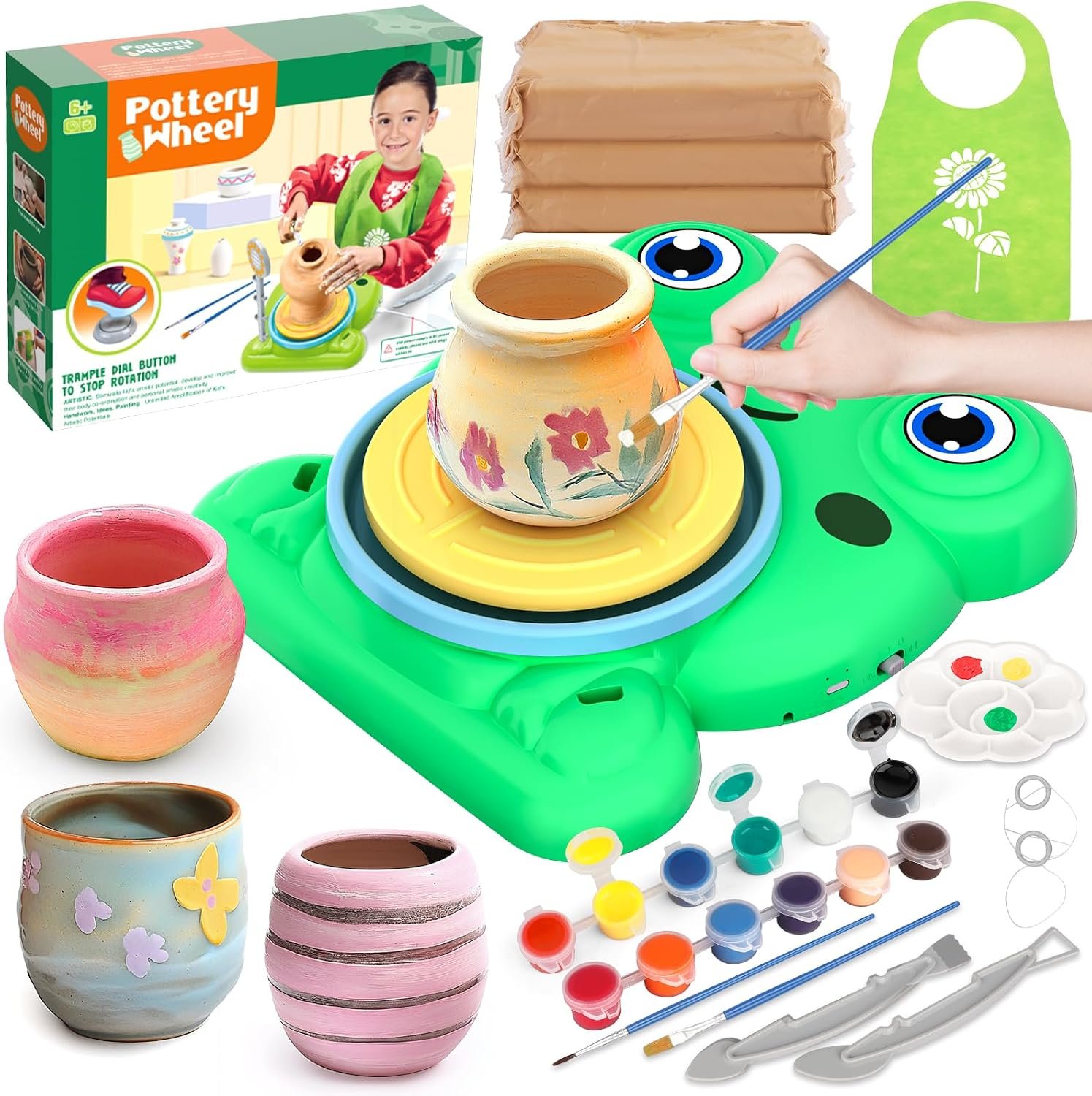 Aujazyble Pottery Wheel for Kids – Complete Pottery Painting Kit Arts and Crafts for Kids Ages 8-12 with 3 Pack Air Dry Clay Art Supplies Toys for Girls Boy Birthday Gift for 6 7 8 9 10 11 12+