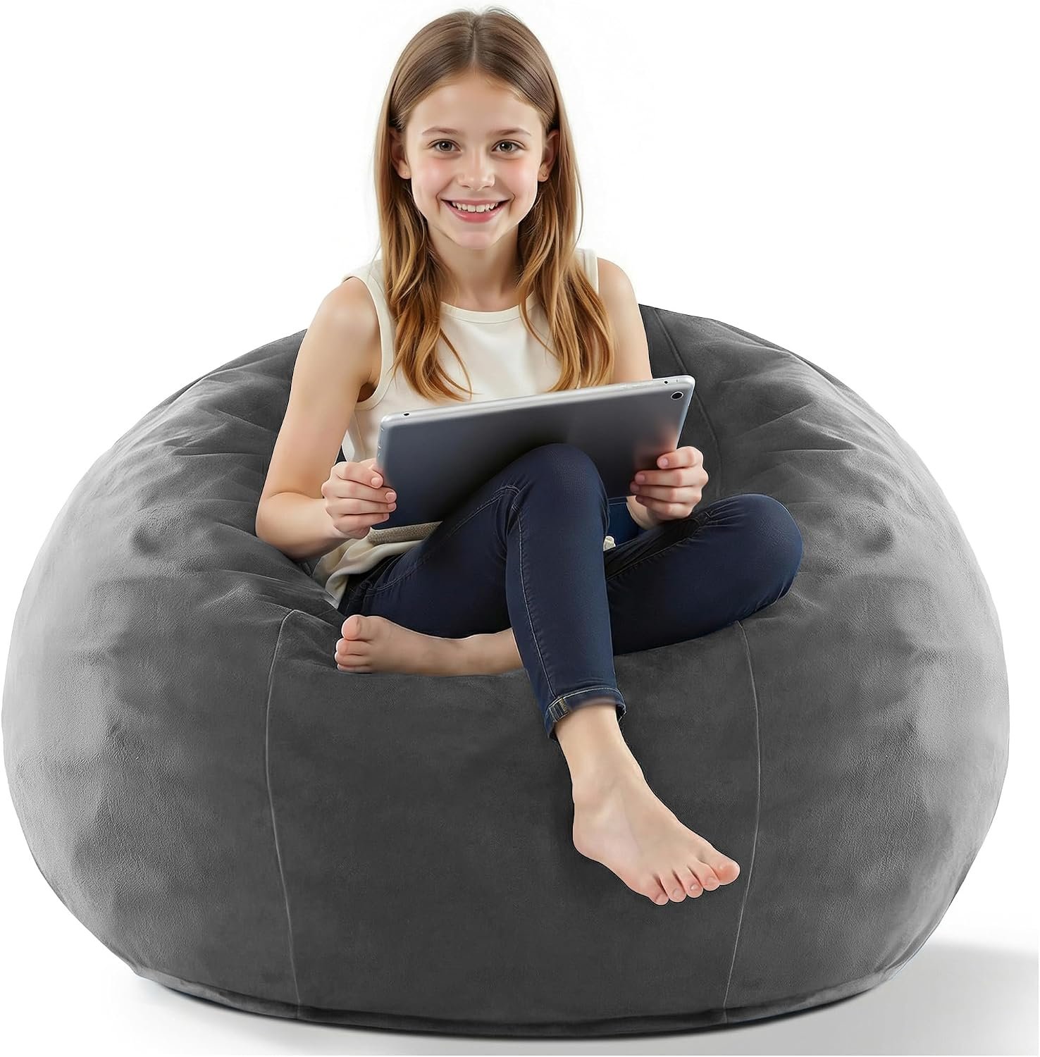 HABUTWAY 2FT Bean Bag Chair, 2′ Beanbags Small Bean Bag Chairs with Filling, Teardrop Bean Bag Chair Luxurious Velvet Ultra Soft Fur with Removable Cover (Grey)