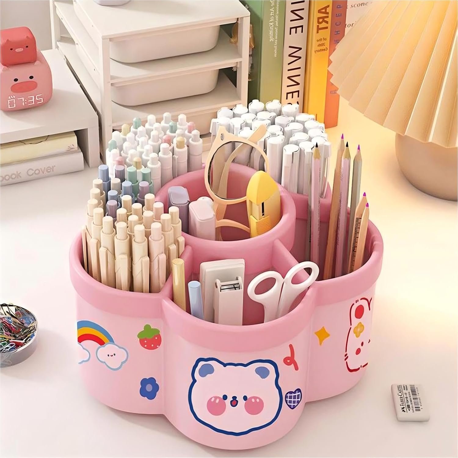 Pen Holder for Desk, 360°Rotating Pencil Pen Holder,Pen Organizer with 6 Slots, Large-capacity Desk Organizer,Office, School, Home Use (Pink)