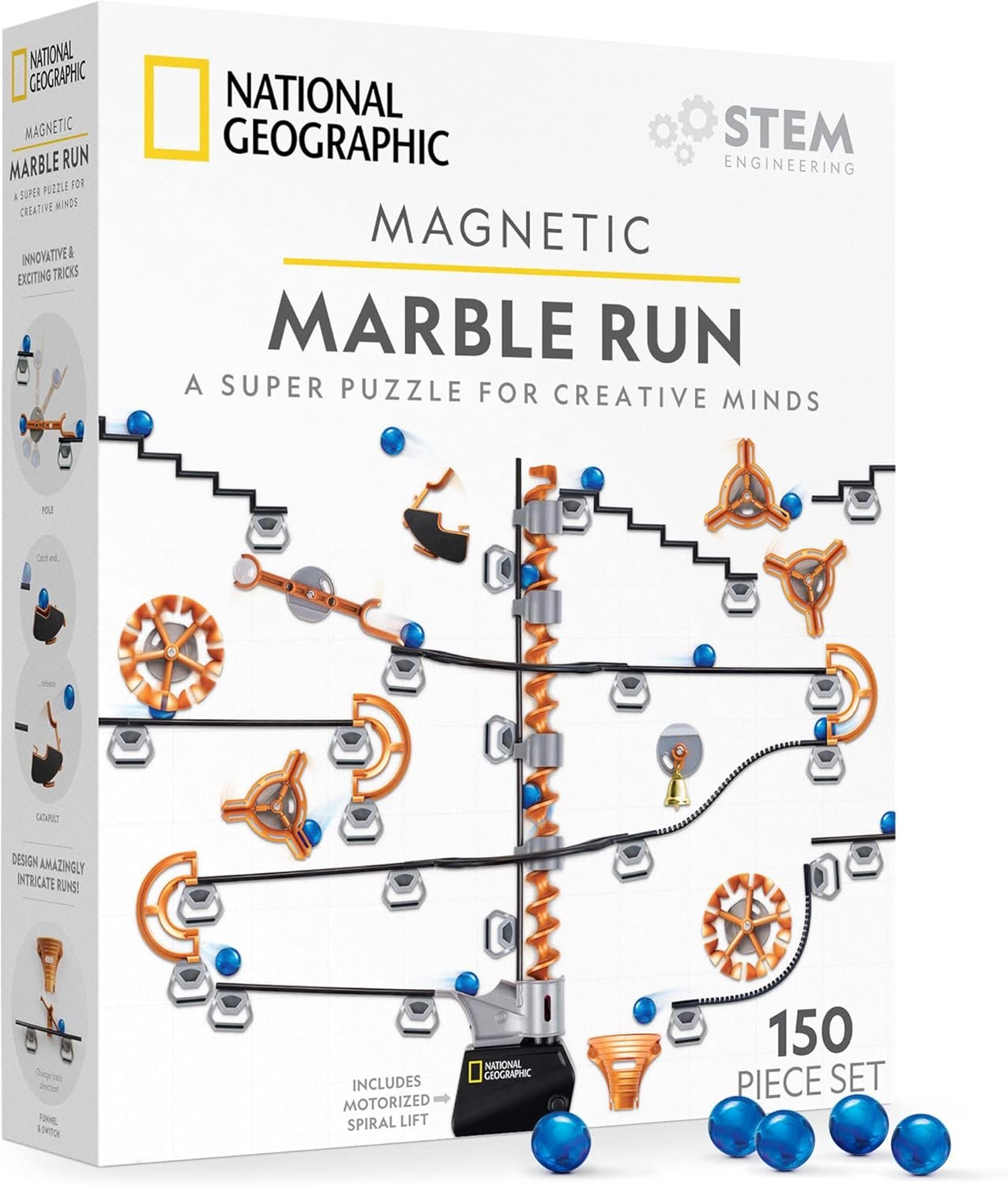 National Geographic Magnetic Marble Run 150-Piece Building Set for Kids | Magnetic Track, Trick Pieces, Marbles, Marble Maze, Engineering Toy, Creative Construction, STEM Project for Kids and Adults