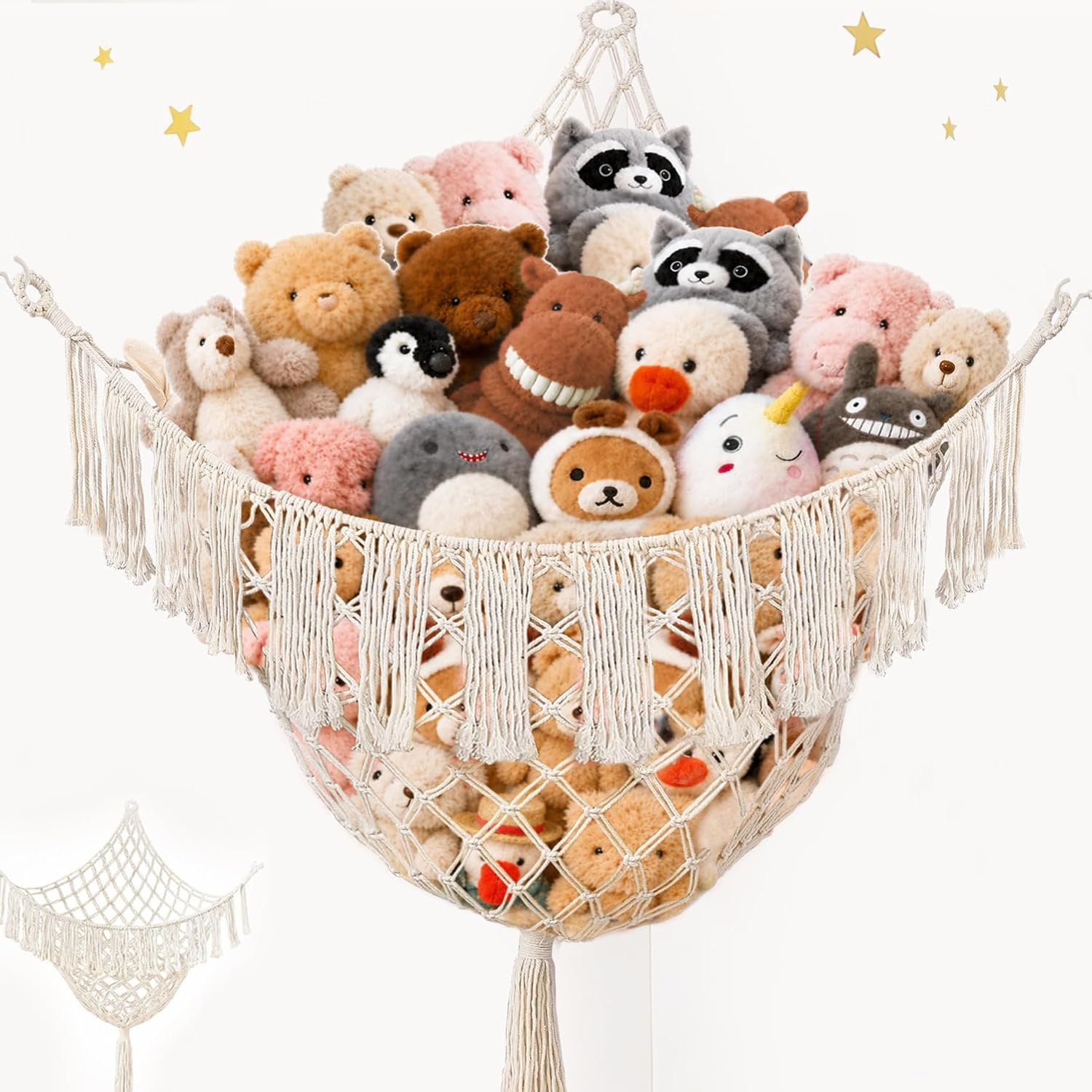 Lare Stuffed Animal Storage Hammock Corner Net – 45″ W x 45″ H(Cream White) | Cotton Boho Plushie Net – Room Christmas Decor for Teen Girls, Nursery Bedroom Playroom Dorm Decor (Patent Protected)