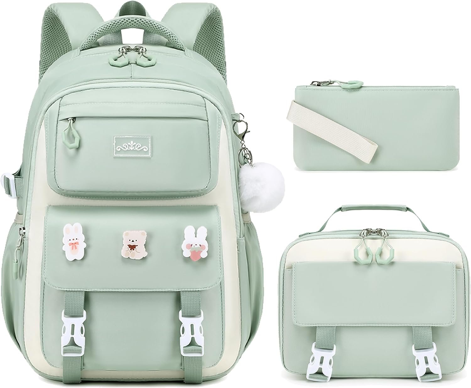 DIGOBAY 3PCS Girls Backpack for School, Green Large Kids Backpack for Girls with Lunch Box Pencil Case Set for Teen Girl Elementary Primary Middle High College School Bookbag with Cute Pins