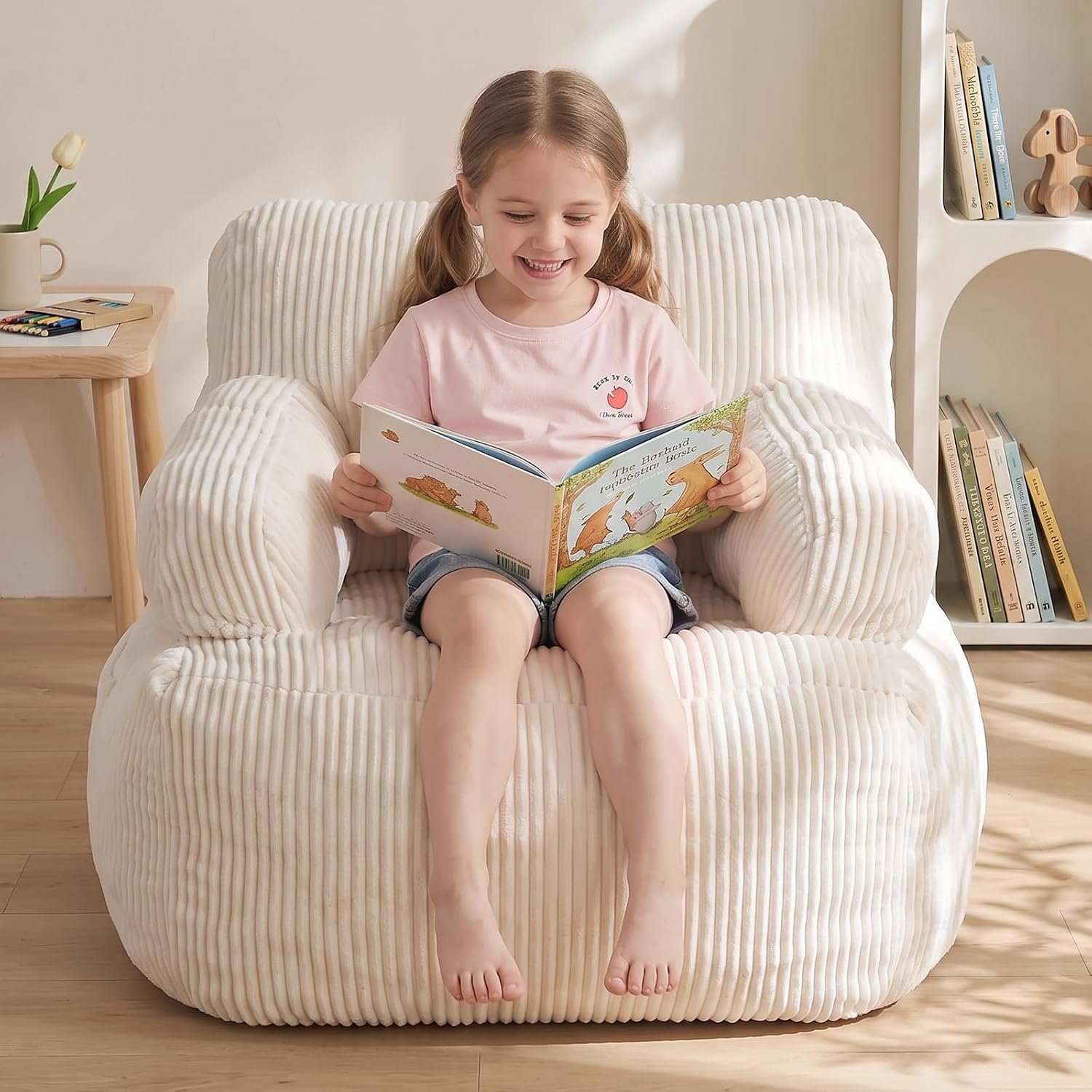 Bean Bag Chairs for Kids with Armrests, Comfy Kids Bean Bag Chair, Soft-Filled Cozy Bean Bag Sofa for Boys and Girls, Small Bean Bags for with Pocket, Floor Chair for Gaming, Reading & Relaxing, Beige