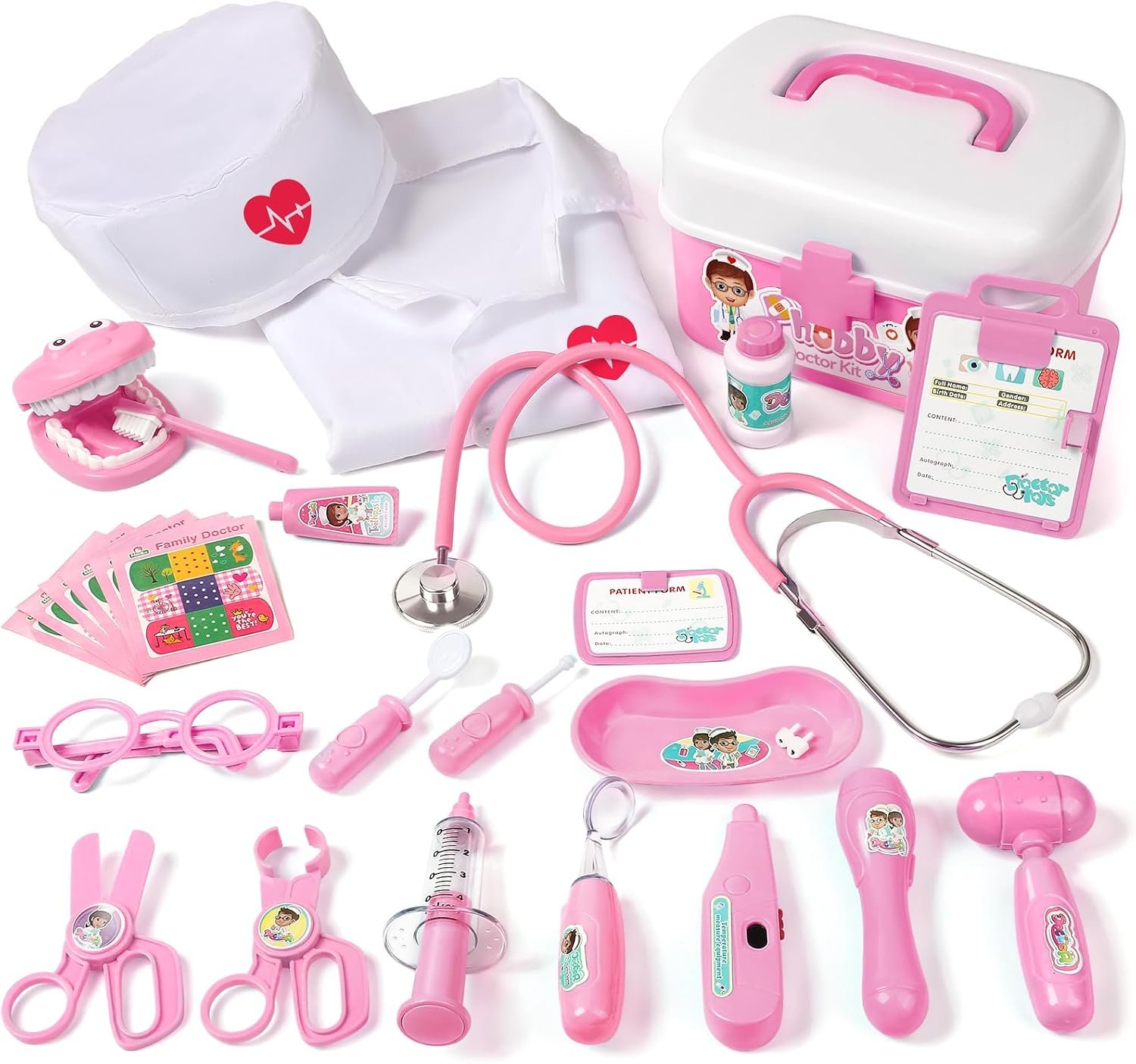 Phobby Doctor Kit Toy for Kids 3-8 Years Old, Pink | Toddler Pretend Medical Kit, Real Stethoscope & Costume, Light & Sound Effect, Girls Boys Educational Birthday Gift, 27pcs