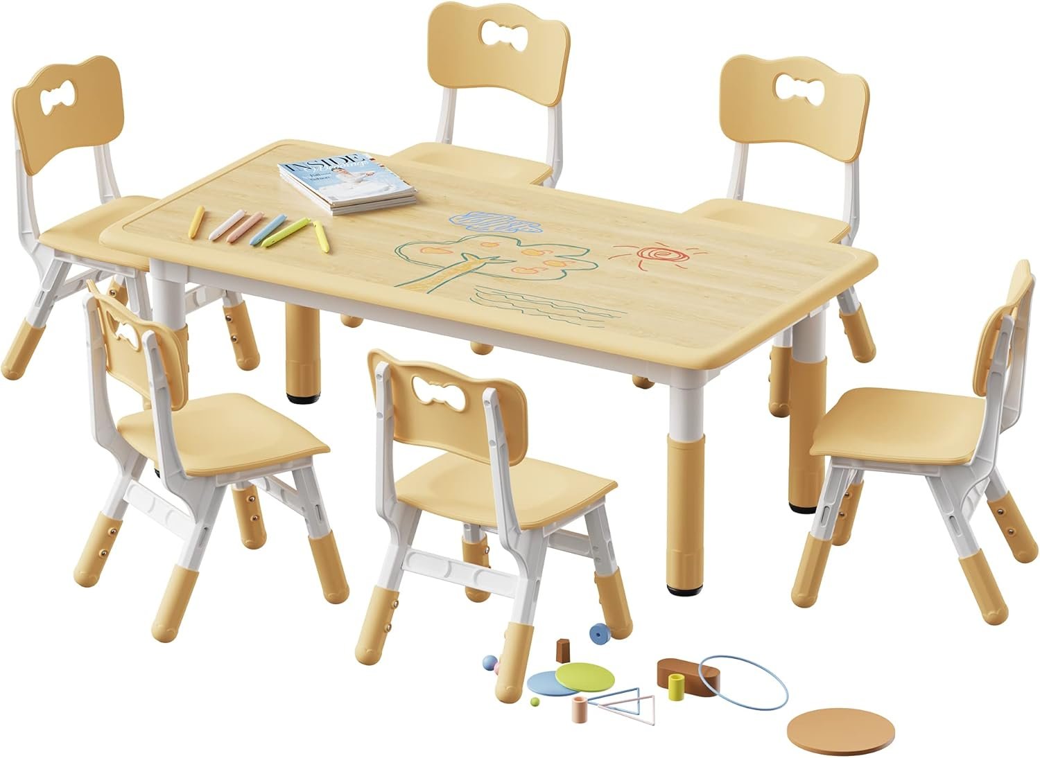 Brelley Height Adjustable Toddler Table and 6 Chairs Set, Beige | Table Supports 300 lbs, Non-Toxic HDPE, Graffiti Desktop, Classroom/Daycare/Home, Children Multi-Activity Table for Ages 3-8