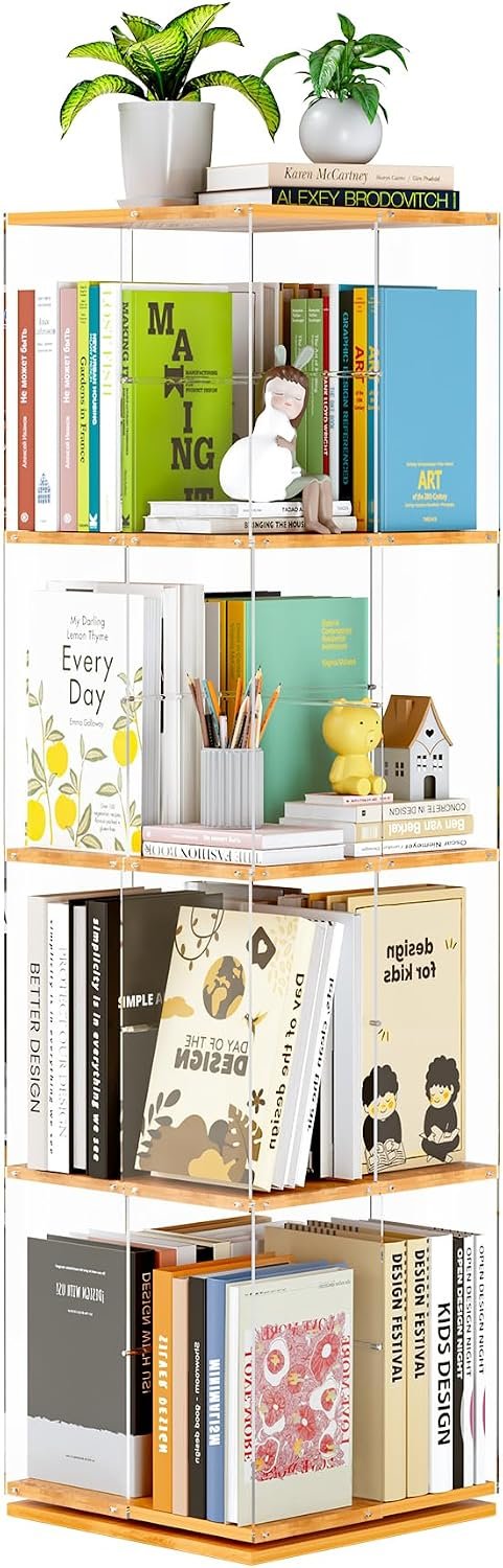 TAKEKIT Rotating Bookshelf, 360 Degree Revolving Bookcase, 4-Tier Spinning Bookshelf, Clear Acrylic & Solid Wood Rotating Bookcase for Kid’s Playroom, Bedroom and Living Room, Square