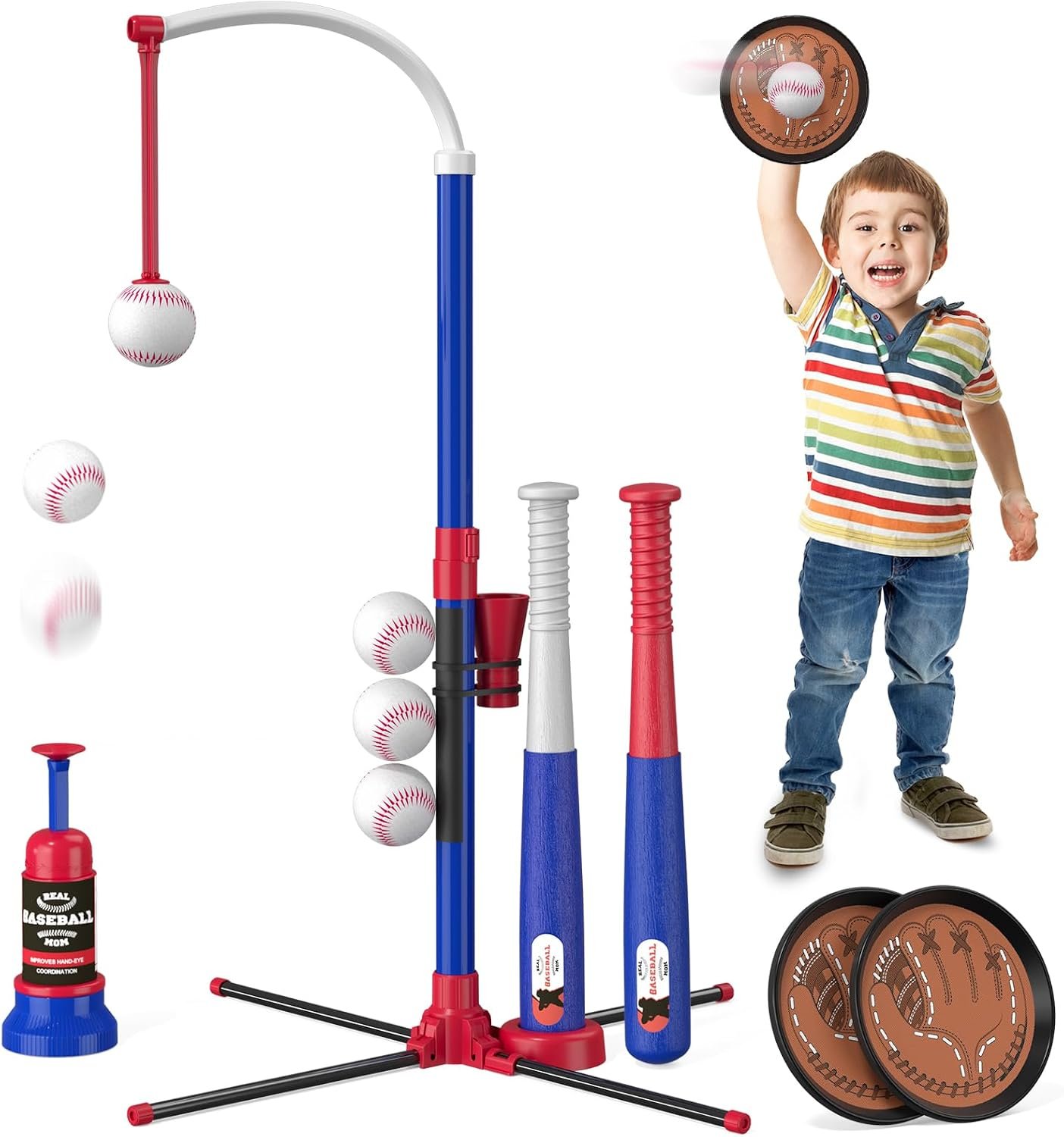 HYES 4 in 1 T Ball Sets for Kids 3-5 with Toss and Catch Ball Set | Hanging Tee Stand with Auto Pitching Machine/ 2 Bats, Indoor Outdoor Toys Birthday Baseball Gifts for Toddler Boys Girls