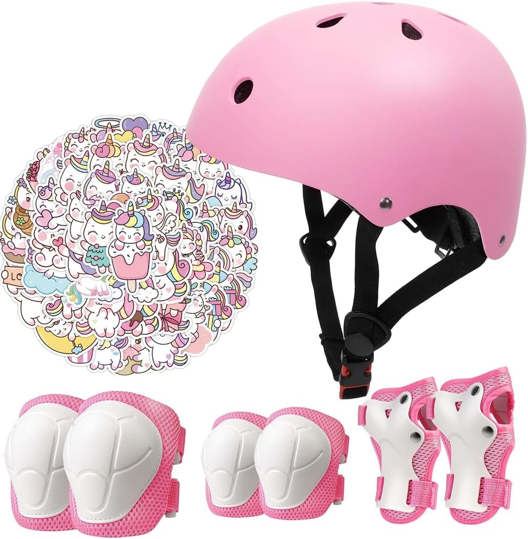 Kids Bike Helmet Set,CPSC Certified with Knee Elbow Wrist Pads Guards,Toddler Adjustable Black Helmet for Ages 2-3-5-8 Girls Child,Sports Protective Gear Set for Bicycle Skate Scooter