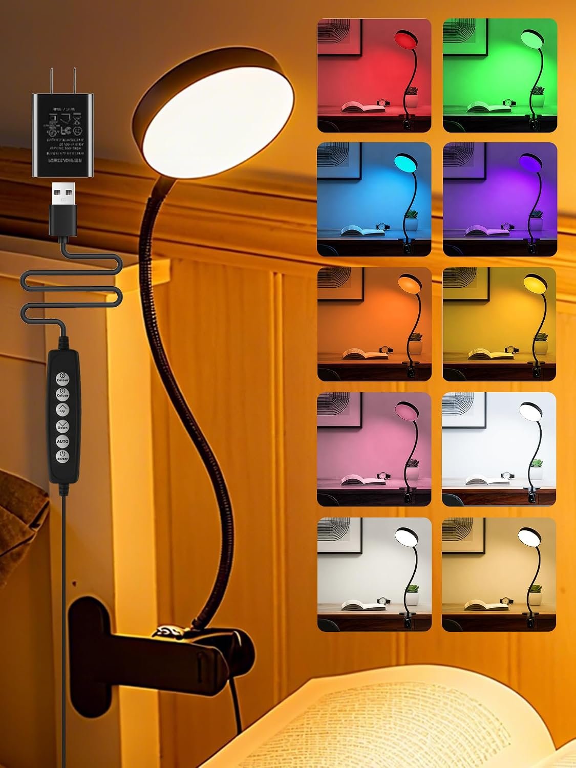 Clip on Light,10 RGB Colors+10 Brightness Small Desk Lamp with Clamp Light | 500 lm Bright 72 LED Desk Light, USB Adapter Reading Lights for Books in Bed/Headboard/Bedside Table/Bedroom/Dorm/Home Office