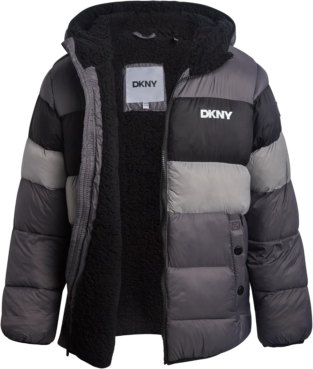 DKNY Boys Winter Jacket, Sherpa Lined Bubble Puffer, Hooded Insulated Coat | Plush Sherpa Lining for Heavyweight Warmth, Cozy Attached Hood, Secure Zip Pockets for Cold Weather School and Play