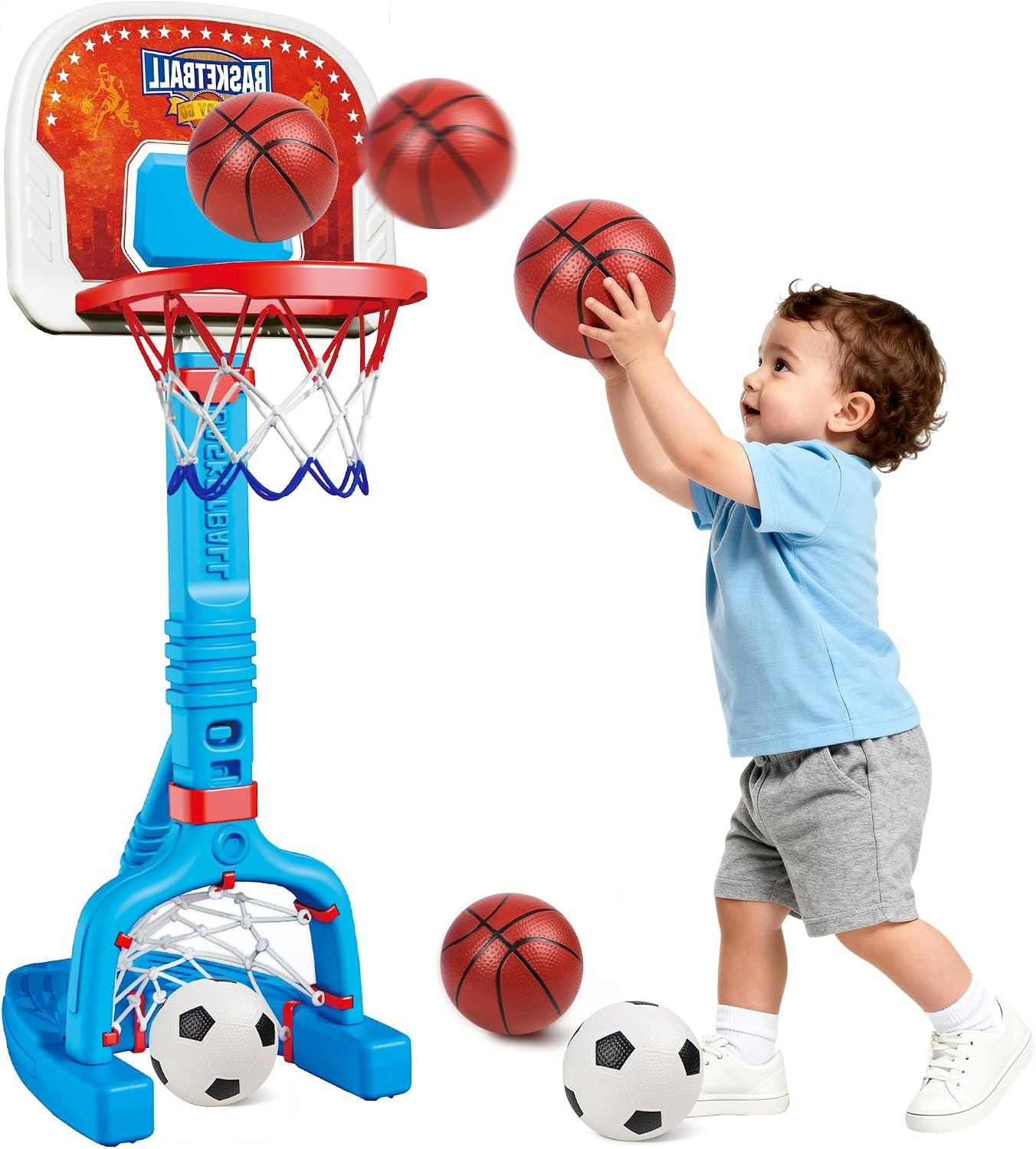 Kids Toddler Basketball Hoop & Soccer Goal, Adjustable Height 2-4.4 ft