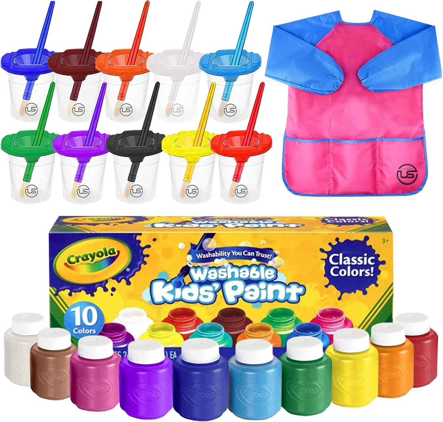 Kids Painting Set, 10 Count Washable Finger Paints for Toddlers Gift Bundle | Includes 10 Tempera Paints (2 oz EA), 10 Paint Cups, 10 Brushes, Art Smock Non-Toxic & Mess-Free Art Kit Spill Proof Paint