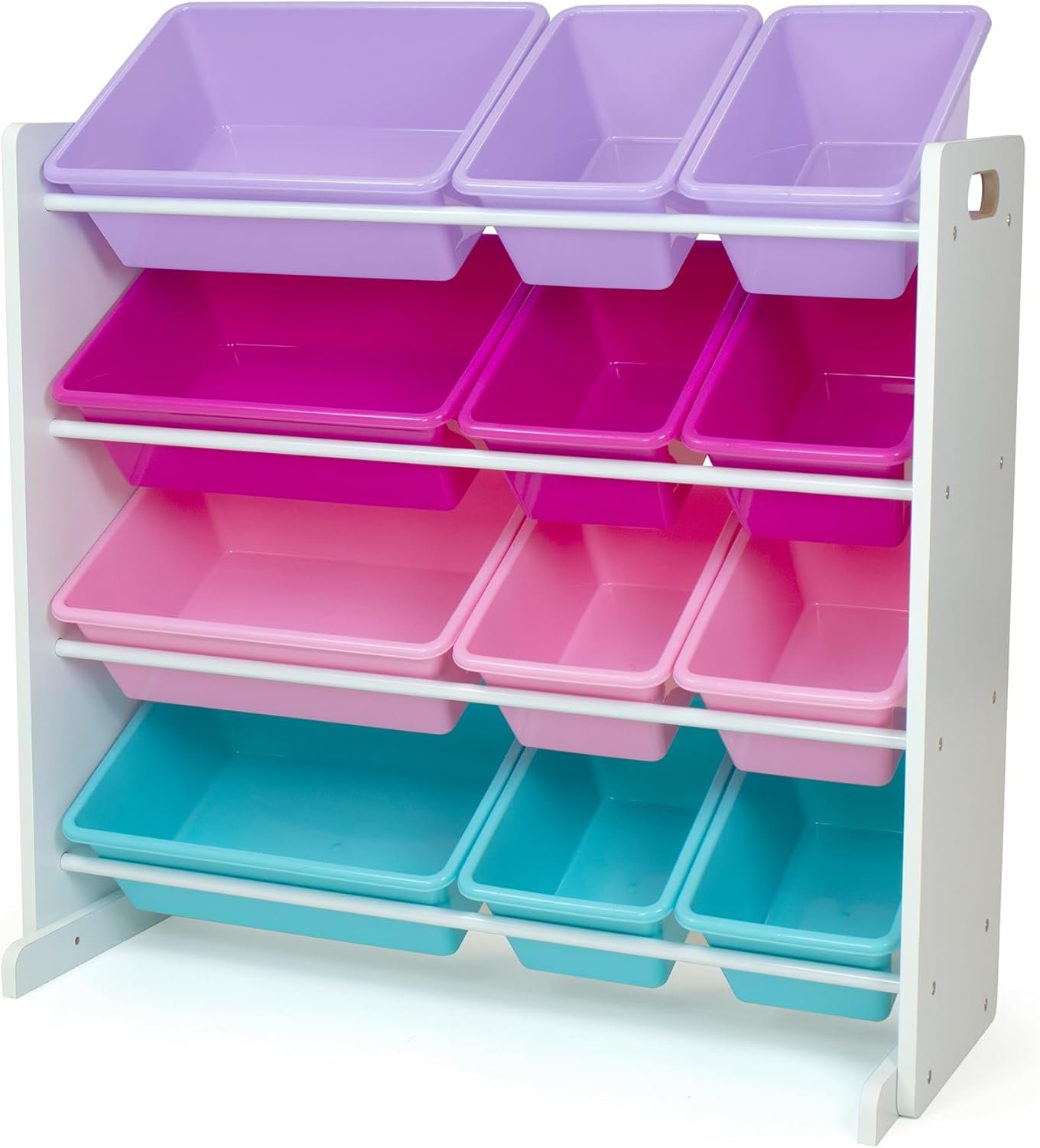 Humble Crew Kids Toy Organizer with 12 Bins, 4 Tier Storage for Playroom | Sturdy wood and steel toddler shelf, removable BPA-free containers, wall anchor anti-tip safety kit for bedroom or classroom