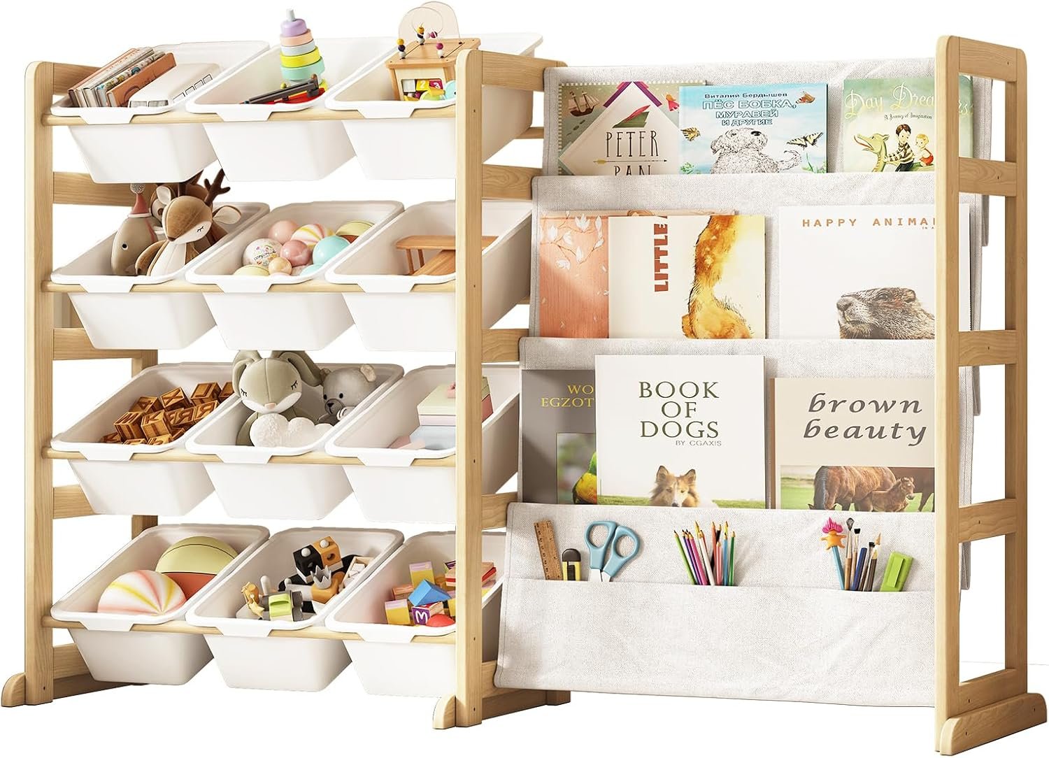 EXPERLAM Toy Storage Organizer with Bookshelf, Kids Toy Organizer and Storage Shelf with 12 White Bins, Solid Pine Wood Book Rack for Playroom, Nursery, Kids Room, Toys and Books