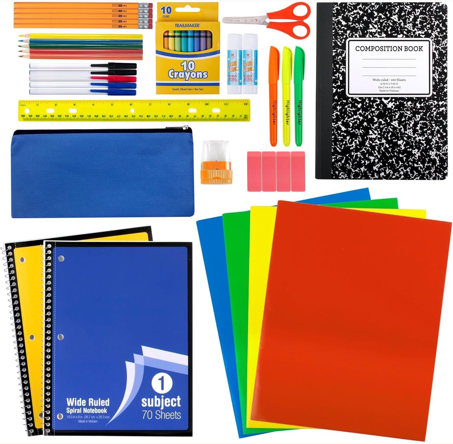 Trail maker School Supplies Kit 45 Piece School Supply Kit Grades K-12 – Back to School Essentials Includes Folders Notebooks Pencils Pens and Much More!