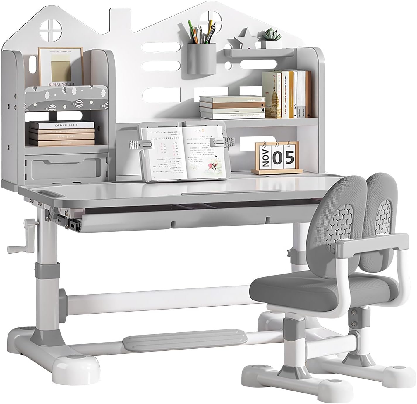 Kids Desk and Chair Set – Height Adjustable Ergonomic Study Desk with Easy-Turn Crank, 50° Tiltable Desktop, Storage Drawer & Built-in Bookstand for Children Boys & Girls Ages 3-12 (Grey)
