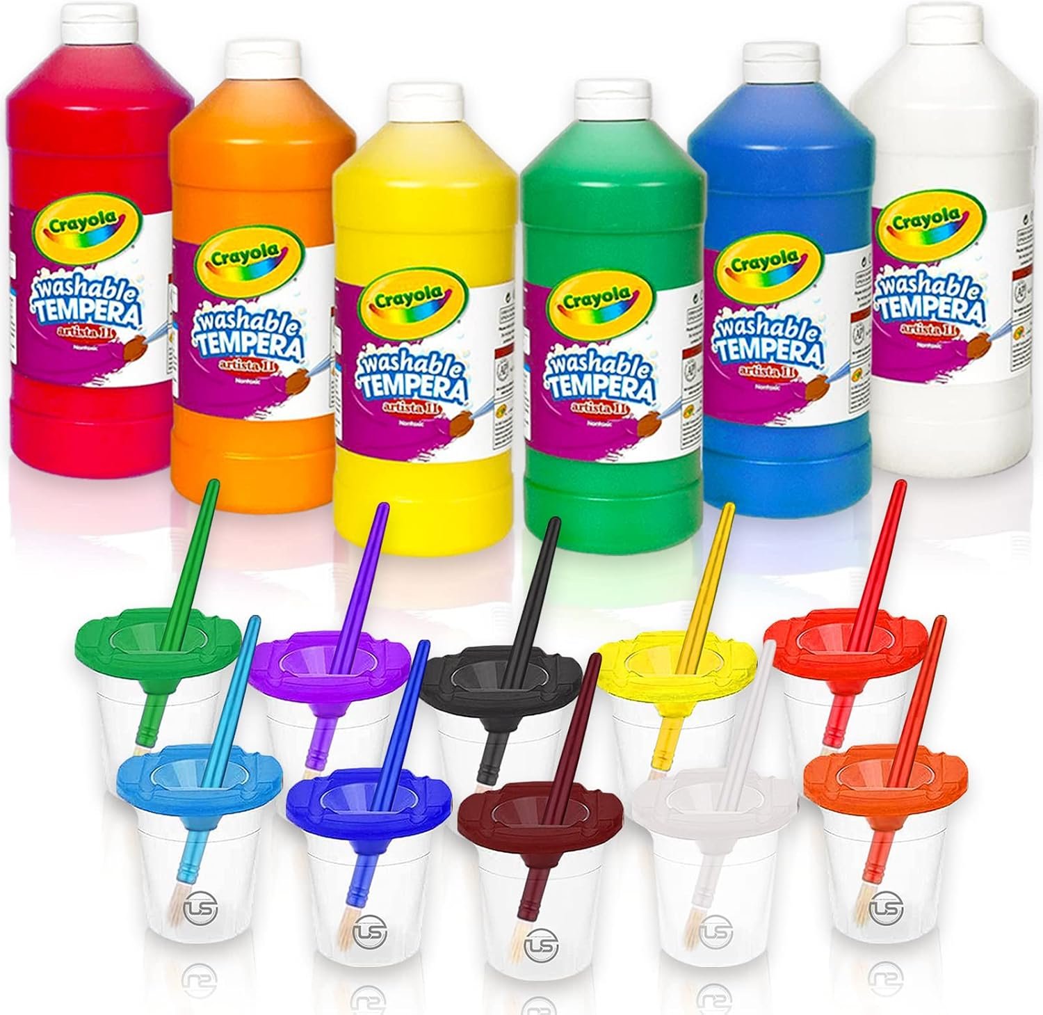 Kids Painting Set, Bulk Washable Paint for Toddlers & Cups Gift Bundle | Bulk Tempera Paint 6 Colors, 16 oz Ea, 6 No Spill Paint Cups, 6 Paintbrushes, Great Non-Toxic, Mess-Free Classroom Supplies