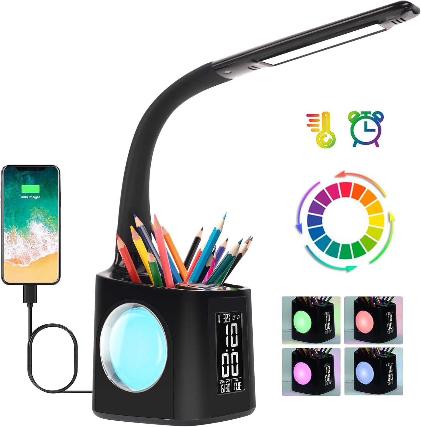 LED Desk Lamp with Clock,Color Changing Nightlight,Study Lamp with Pen Holder,Desk Light with USB Charger,Table Light for Home,Office,Gift for Kids,Students,Women,Black