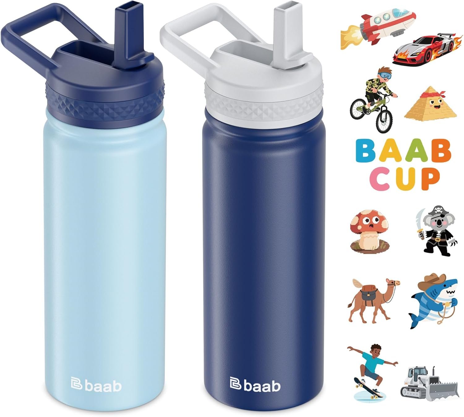 baab 18oz Kids Insulated Water Bottle 18/8 Stainless Steel Straw Cup 2 Pack | BPA-Free, DIY Stickers, Leakproof & Spillproof, Easy to Clean & Carry, Gift for Boy Girl Youth, for School Sport Travel