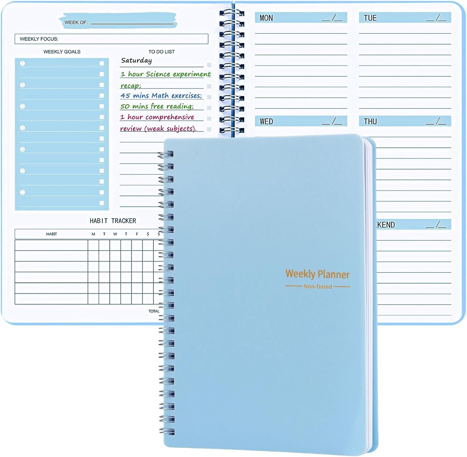 Undated Weekly Planner with Goal & Habit Tracker Notebook, Small A5 To Do List Week Planners Spiral Binding Personal Goal Journal Non Dated Weekly Planner Simple Agenda Planners for Work Kids School